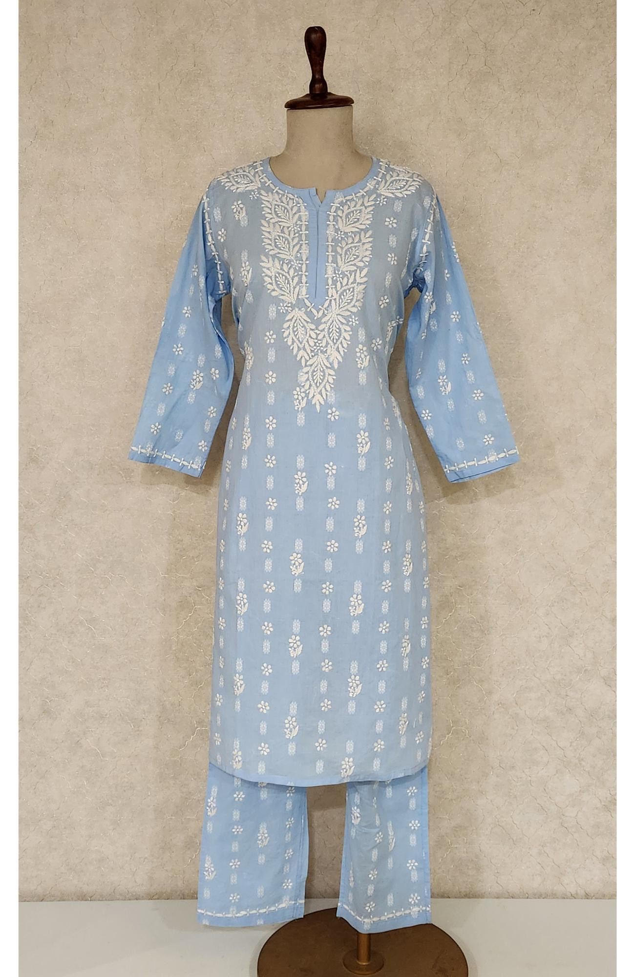 Sky Blue Cotton Chikankari Kurta & Pant Set