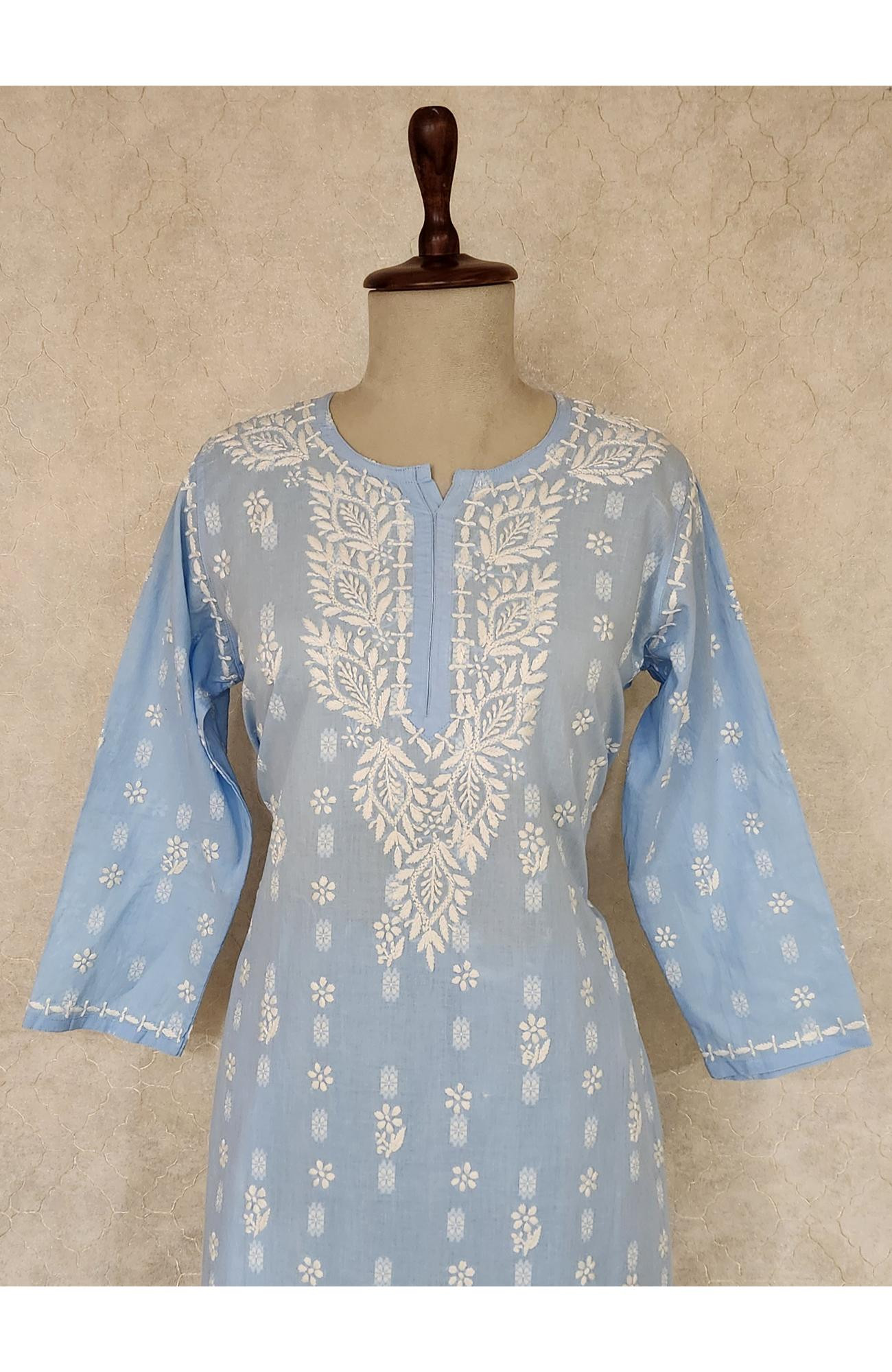 Sky Blue Cotton Chikankari Kurta & Pant Set