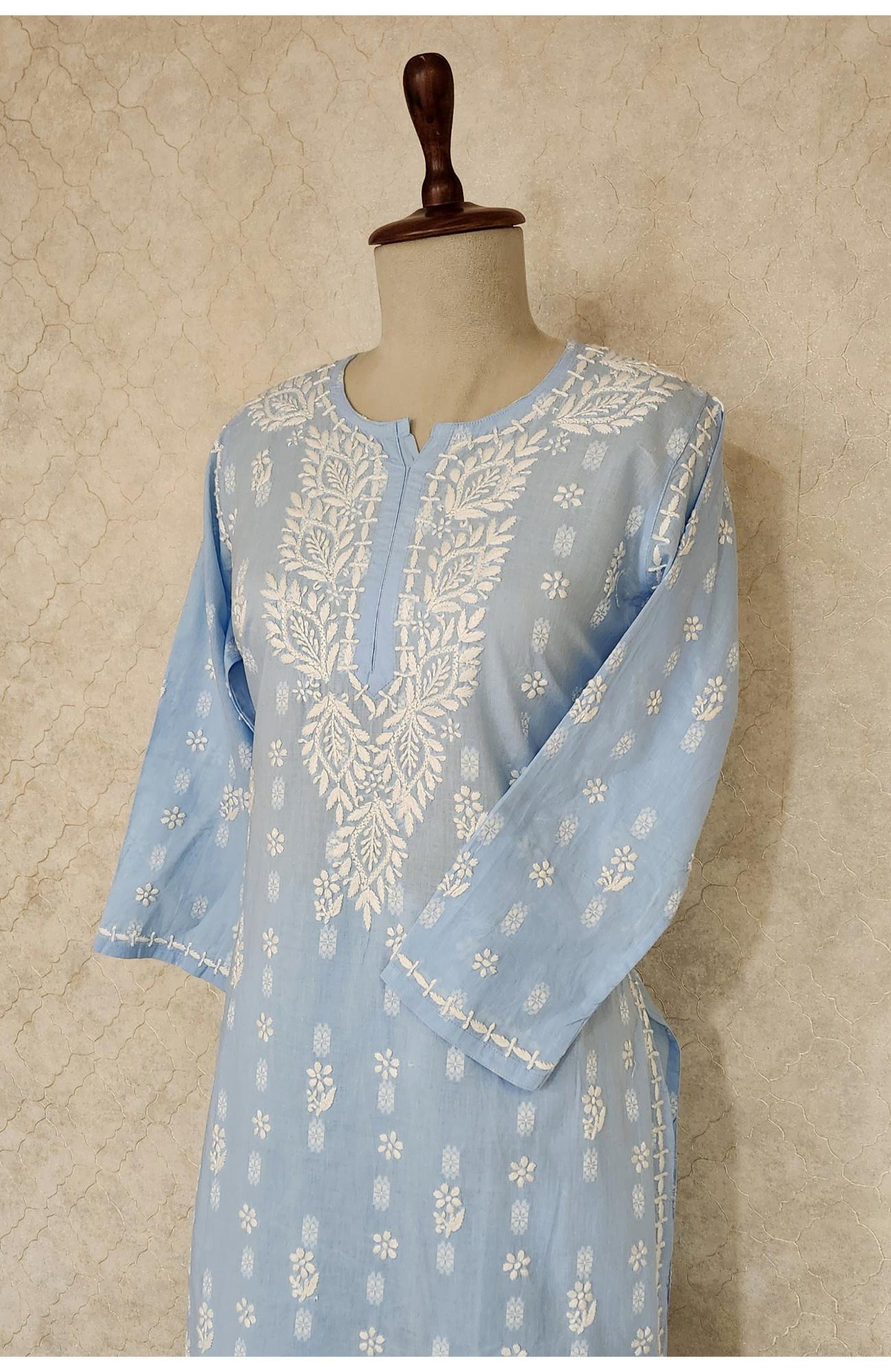 Sky Blue Cotton Chikankari Kurta & Pant Set