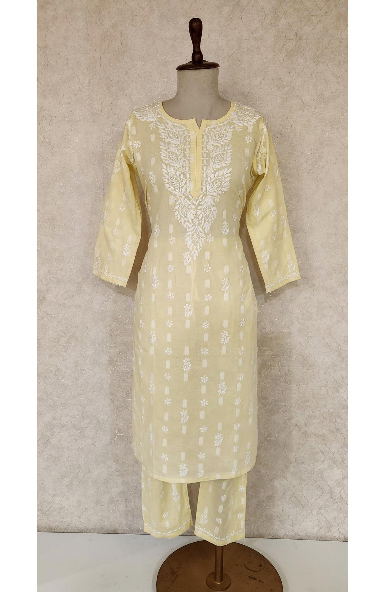 Yellow  Cotton Chikankari Kurta & Pant Set