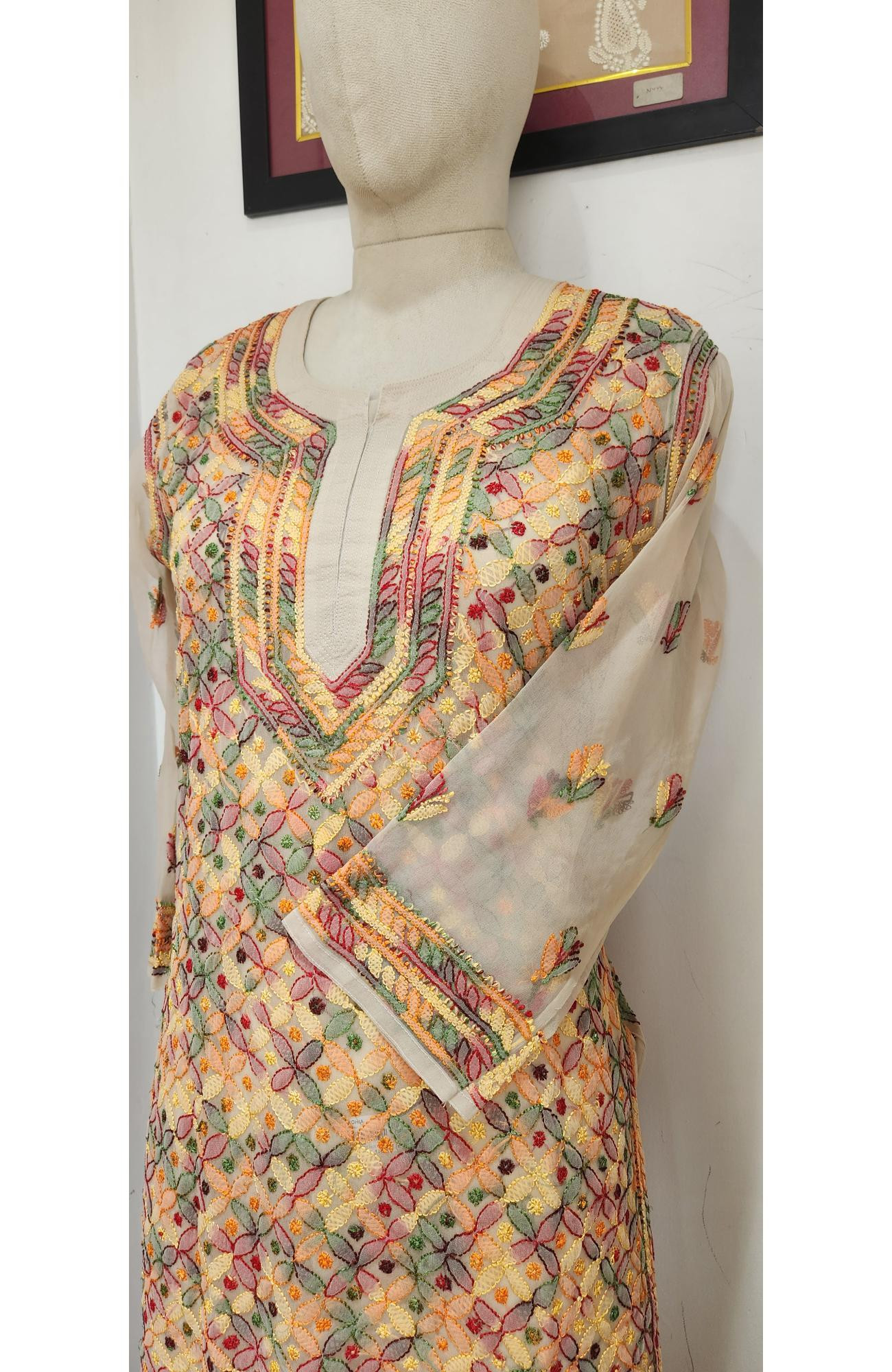 Skin Foux Georgette  Hand Embroidered Chikankari Kurti