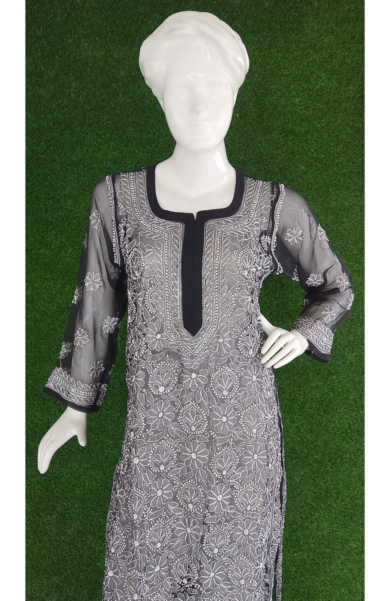 Black Foux Georgette  Hand Embroidered Chikankari Kurti