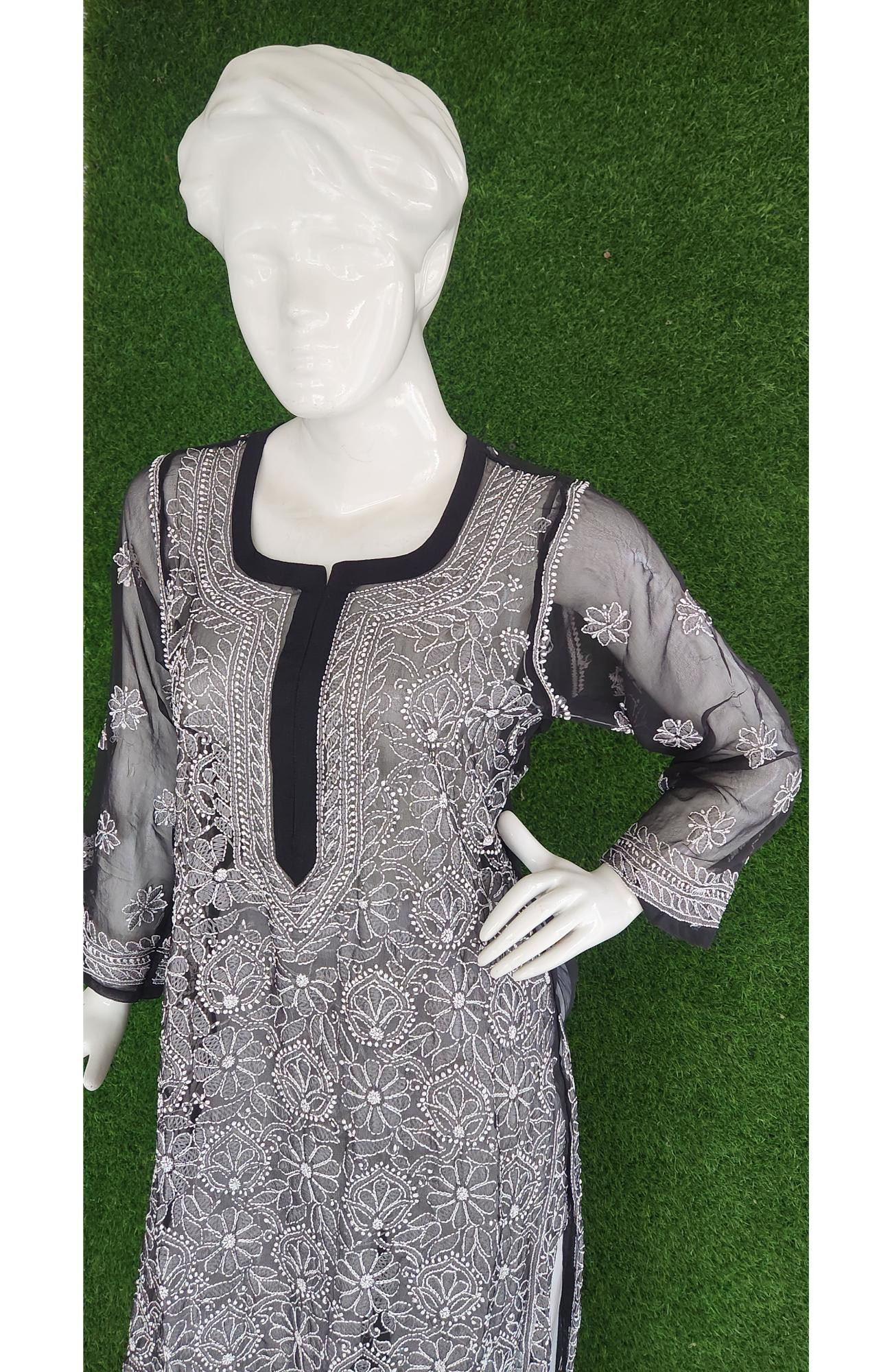 Black Foux Georgette  Hand Embroidered Chikankari Kurti