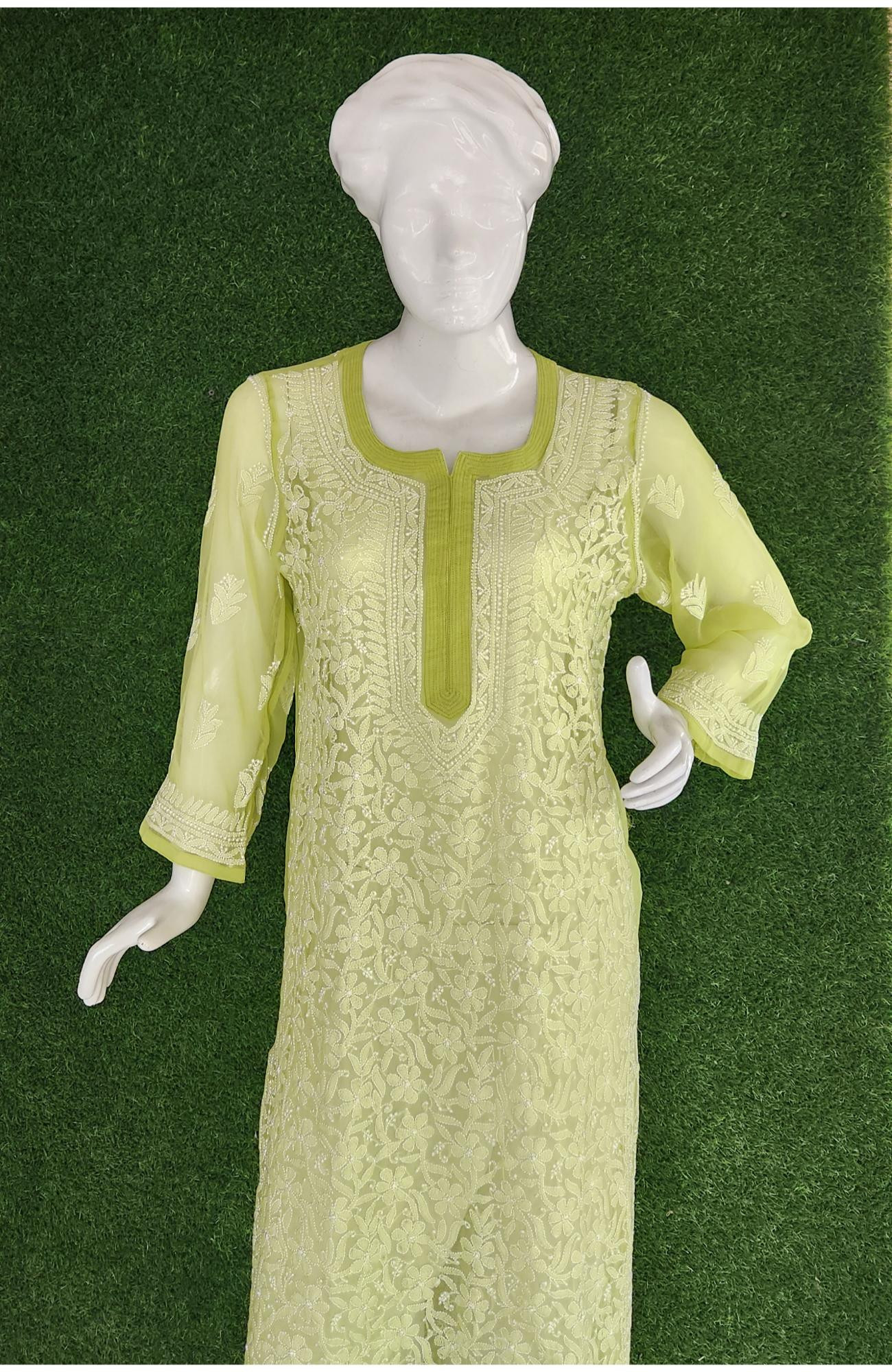 Green Foux Georgette  Hand Embroidered Chikankari Kurti