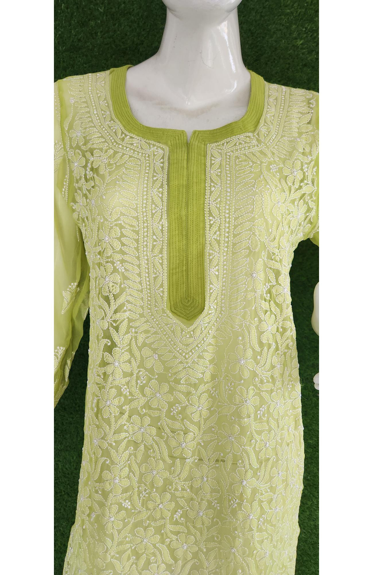 Green Foux Georgette  Hand Embroidered Chikankari Kurti
