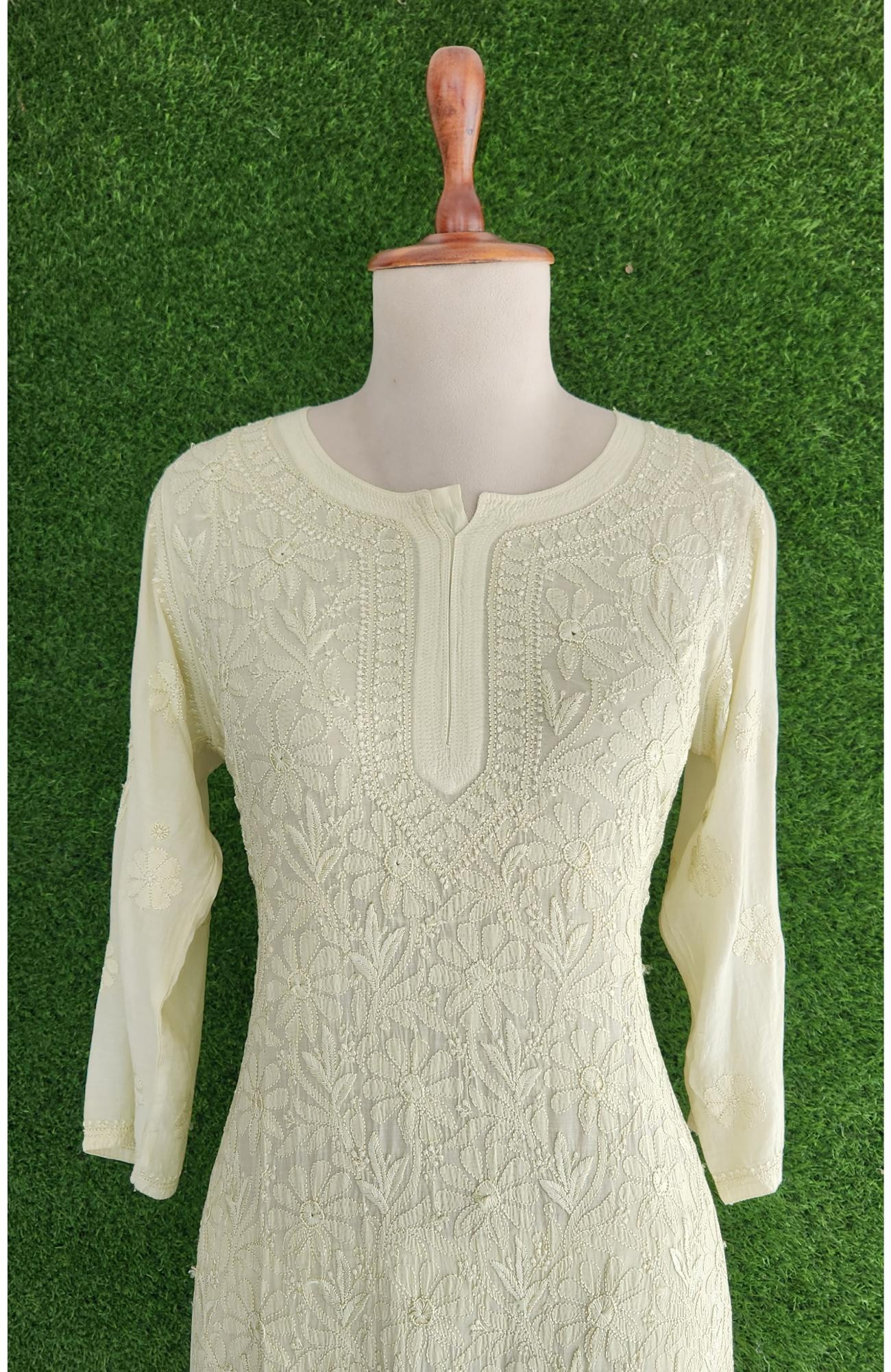 Pista Green Muslin Hand Embroidered Chikankari Kurti
