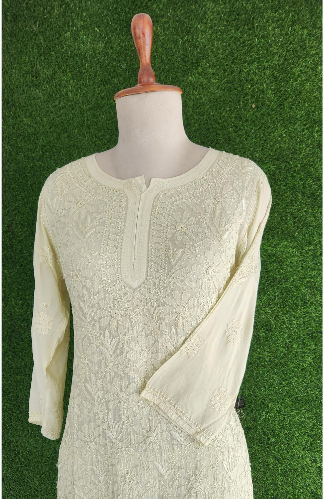 Pista Green Muslin Hand Embroidered Chikankari Kurti