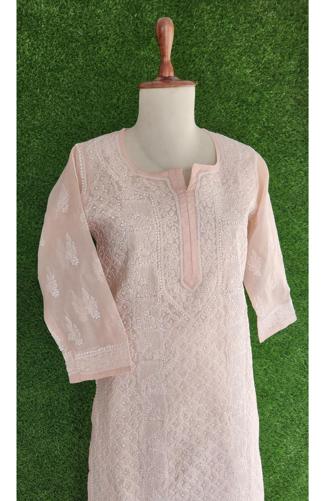 Pink Cotton Hand Embroidered Chikankari Kurti