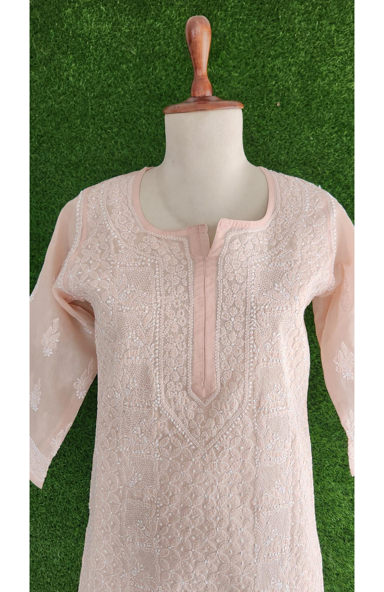 Pink Cotton Hand Embroidered Chikankari Kurti