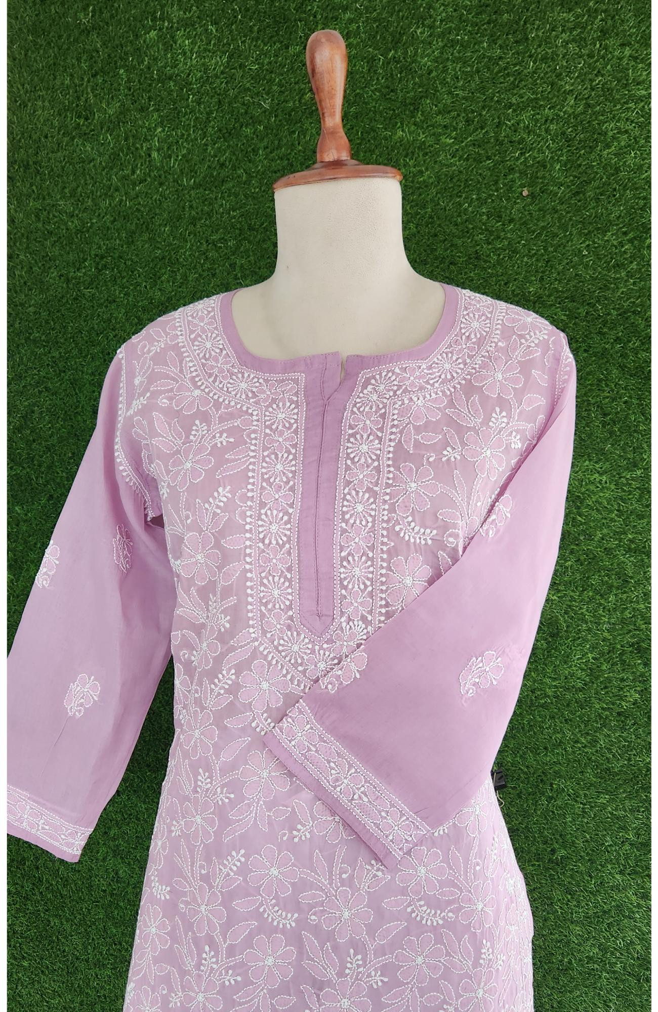 Onion Pink Cotton Hand Embroidered Chikankari Kurti