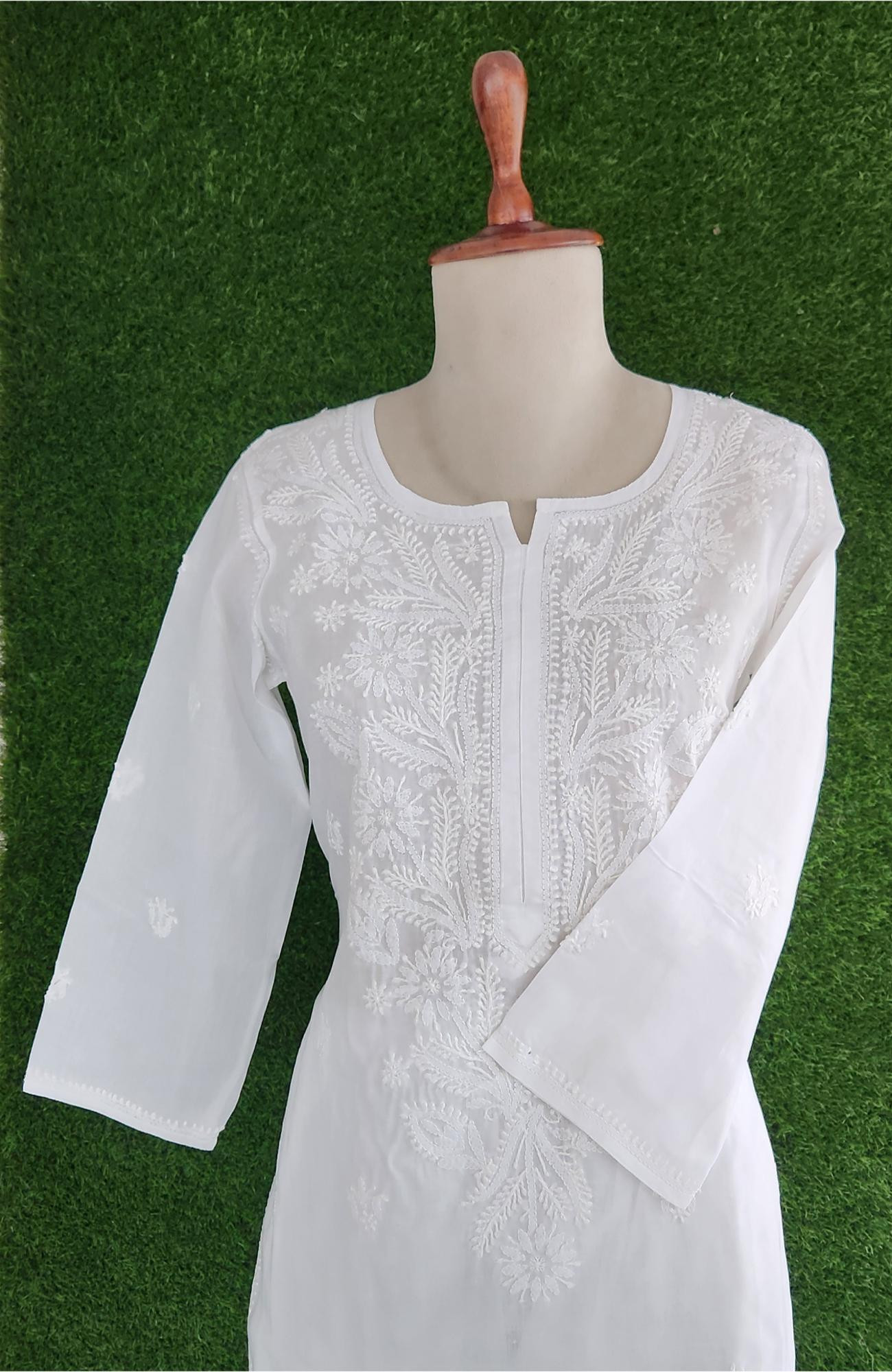 White Cotton Hand Embroidered Chikankari Kurti