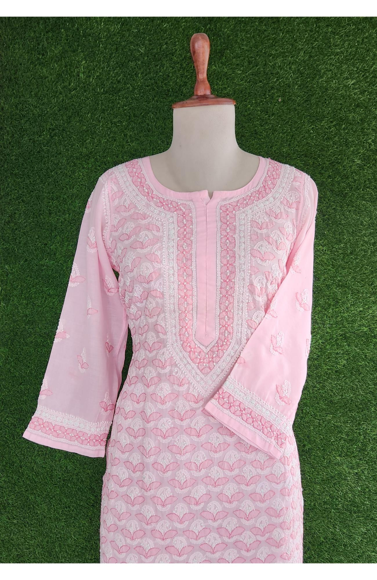 Pink Cotton Hand Embroidered Chikankari Kurti