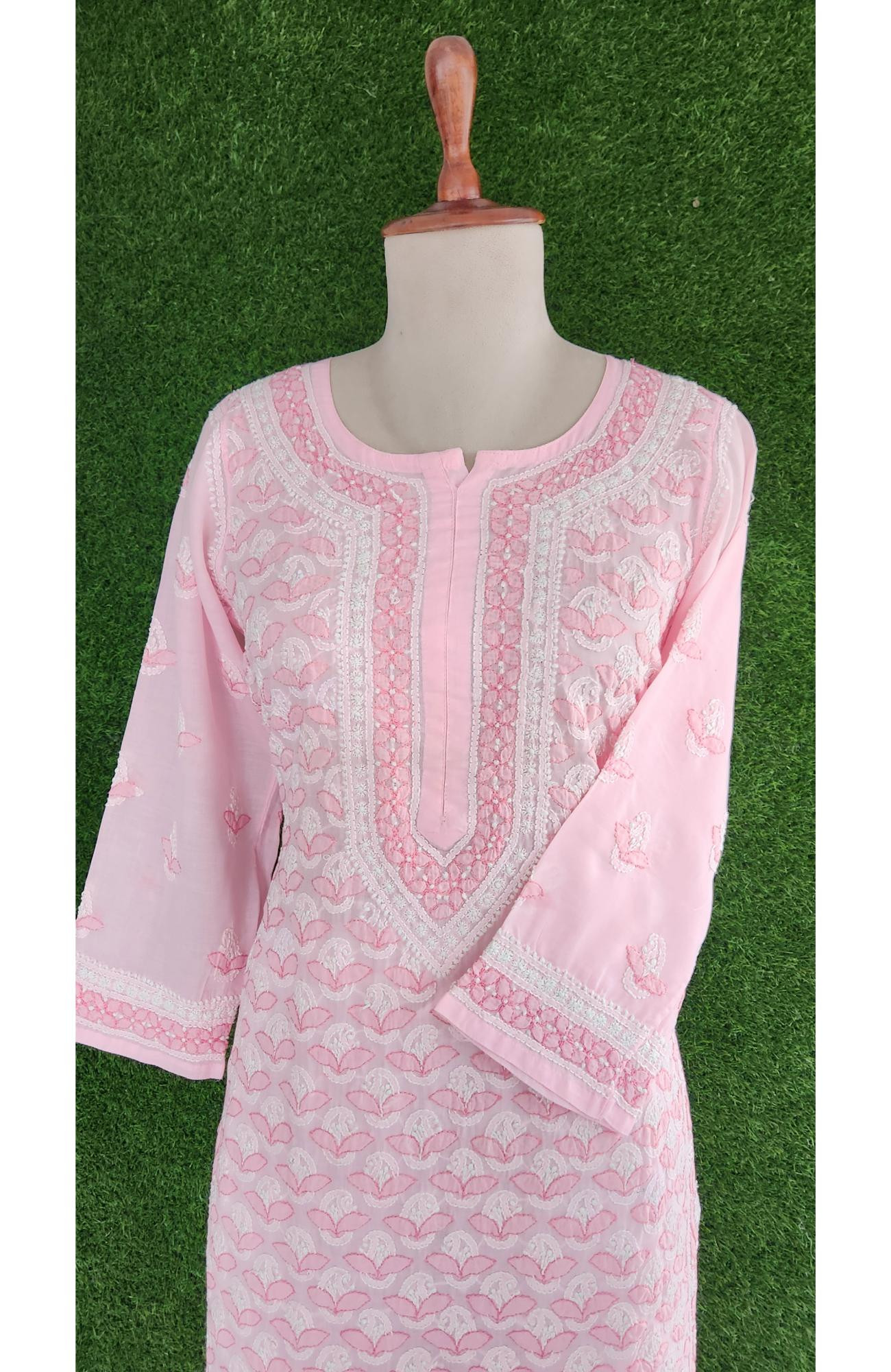 Pink Cotton Hand Embroidered Chikankari Kurti