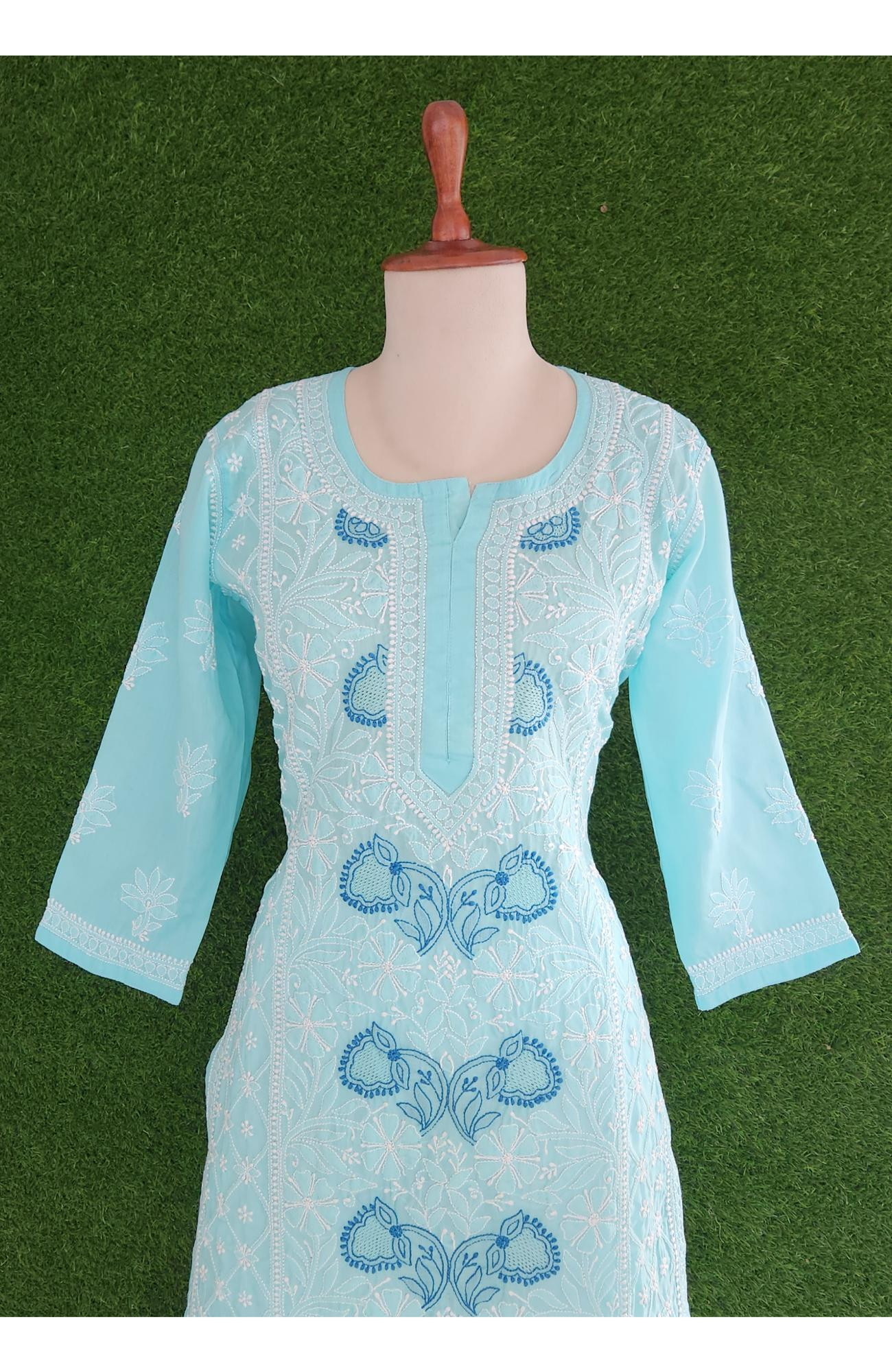 Blue Cotton Hand Embroidered Chikankari Kurti