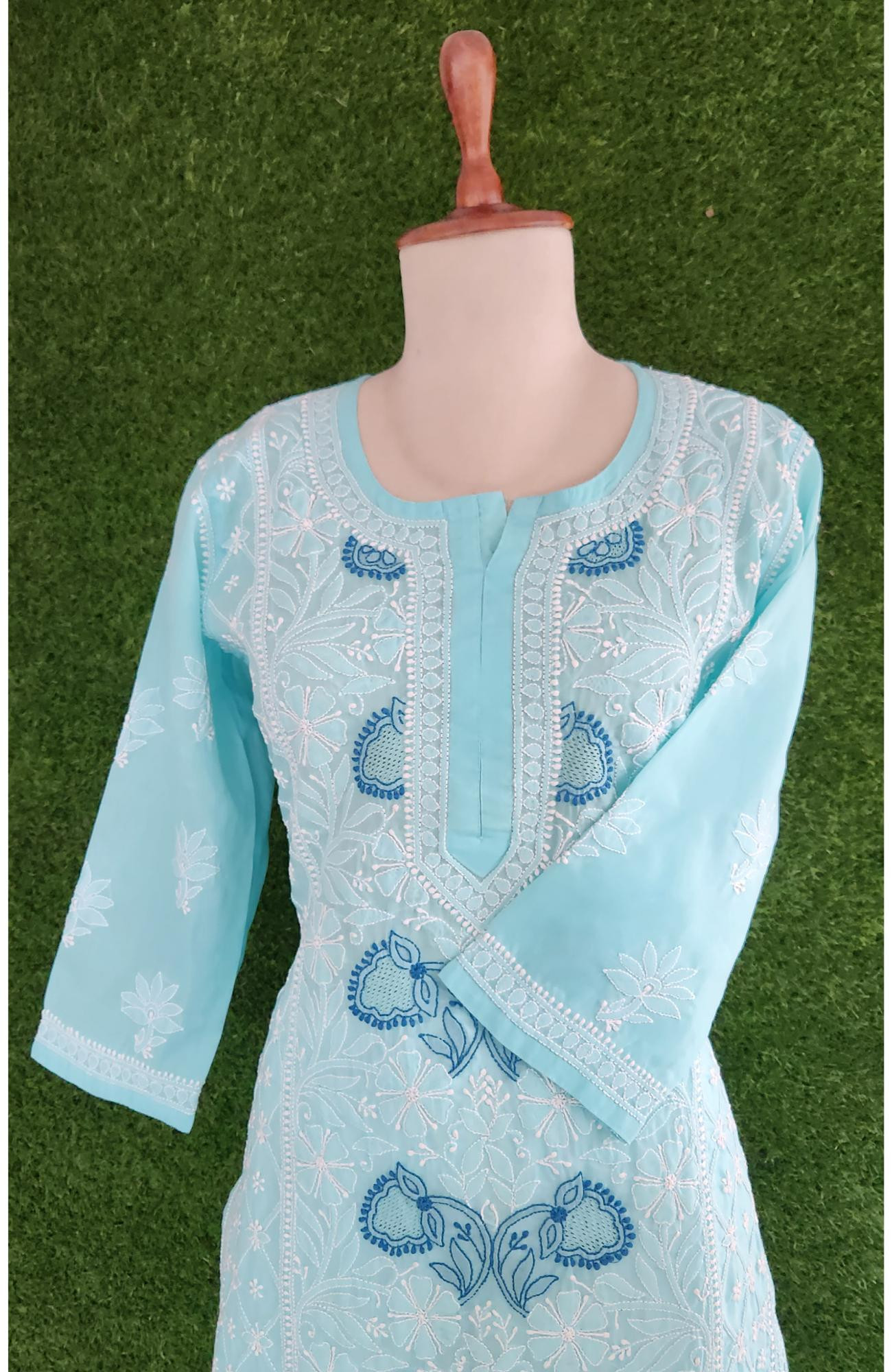 Blue Cotton Hand Embroidered Chikankari Kurti
