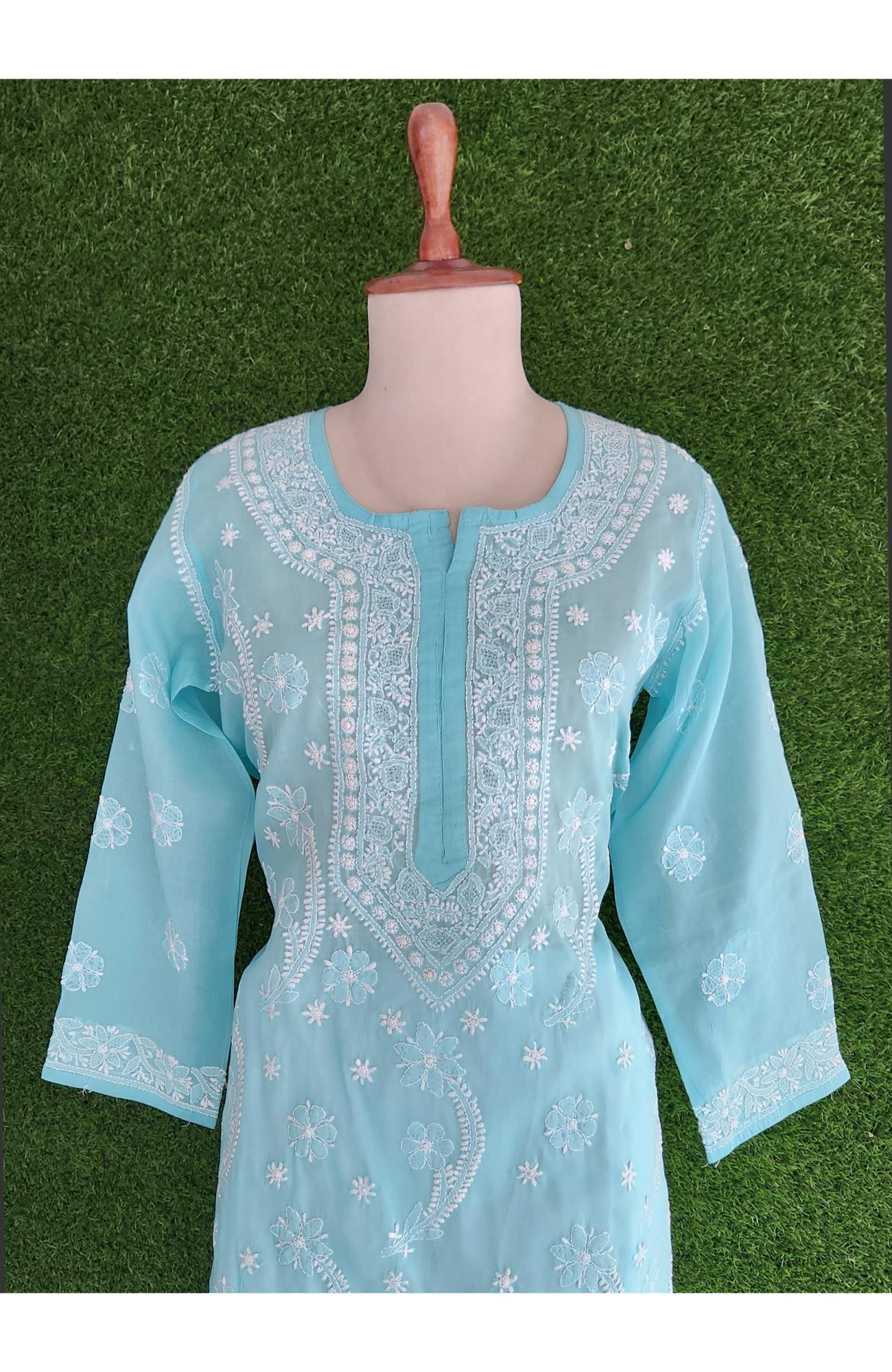 Blue Cotton Hand Embroidered Chikankari Kurti