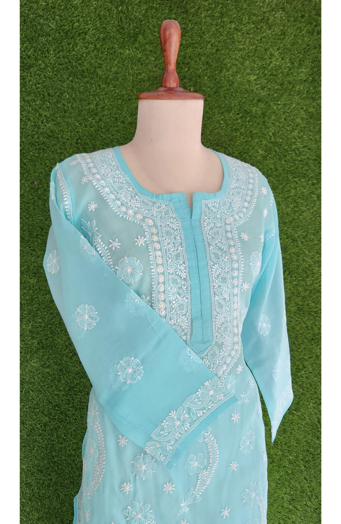 Blue Cotton Hand Embroidered Chikankari Kurti