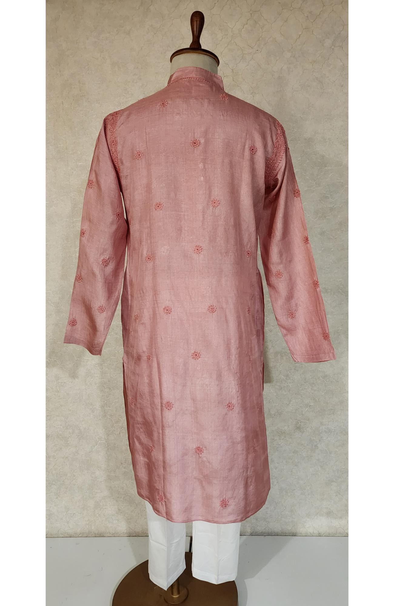 Pink  Tusser Silk Chikankari Kurta