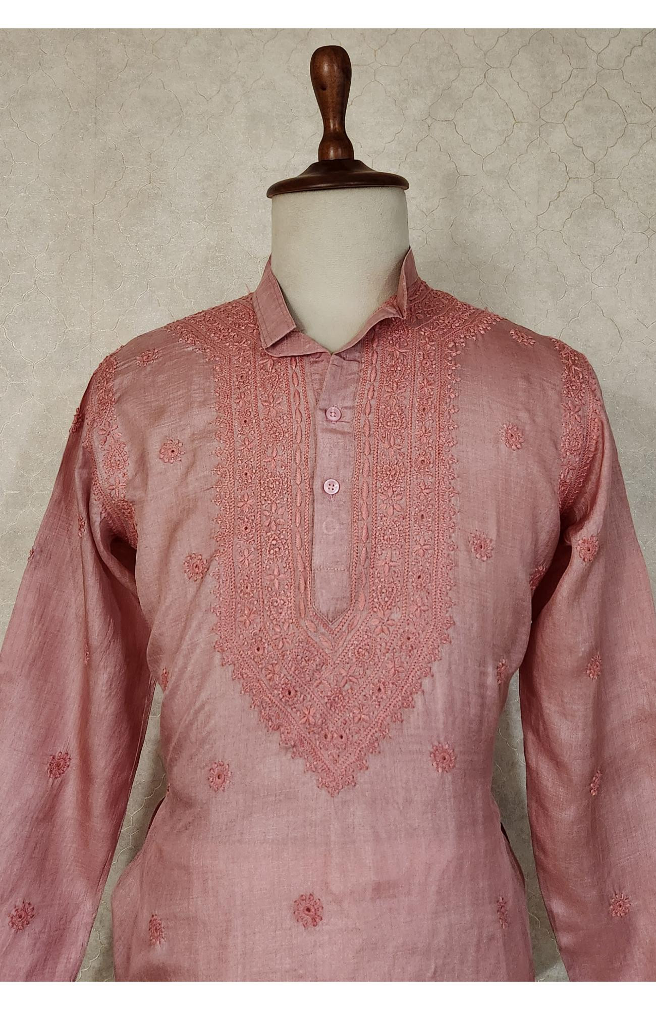 Pink  Tusser Silk Chikankari Kurta