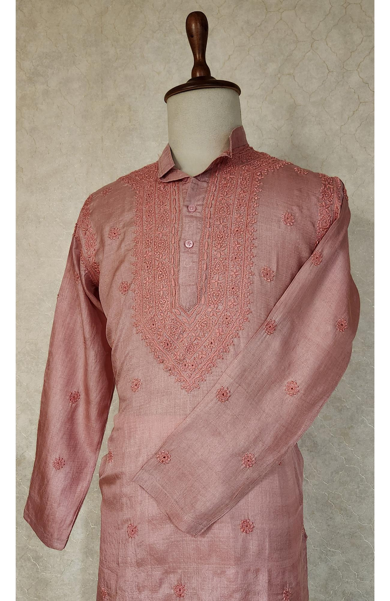 Pink  Tusser Silk Chikankari Kurta