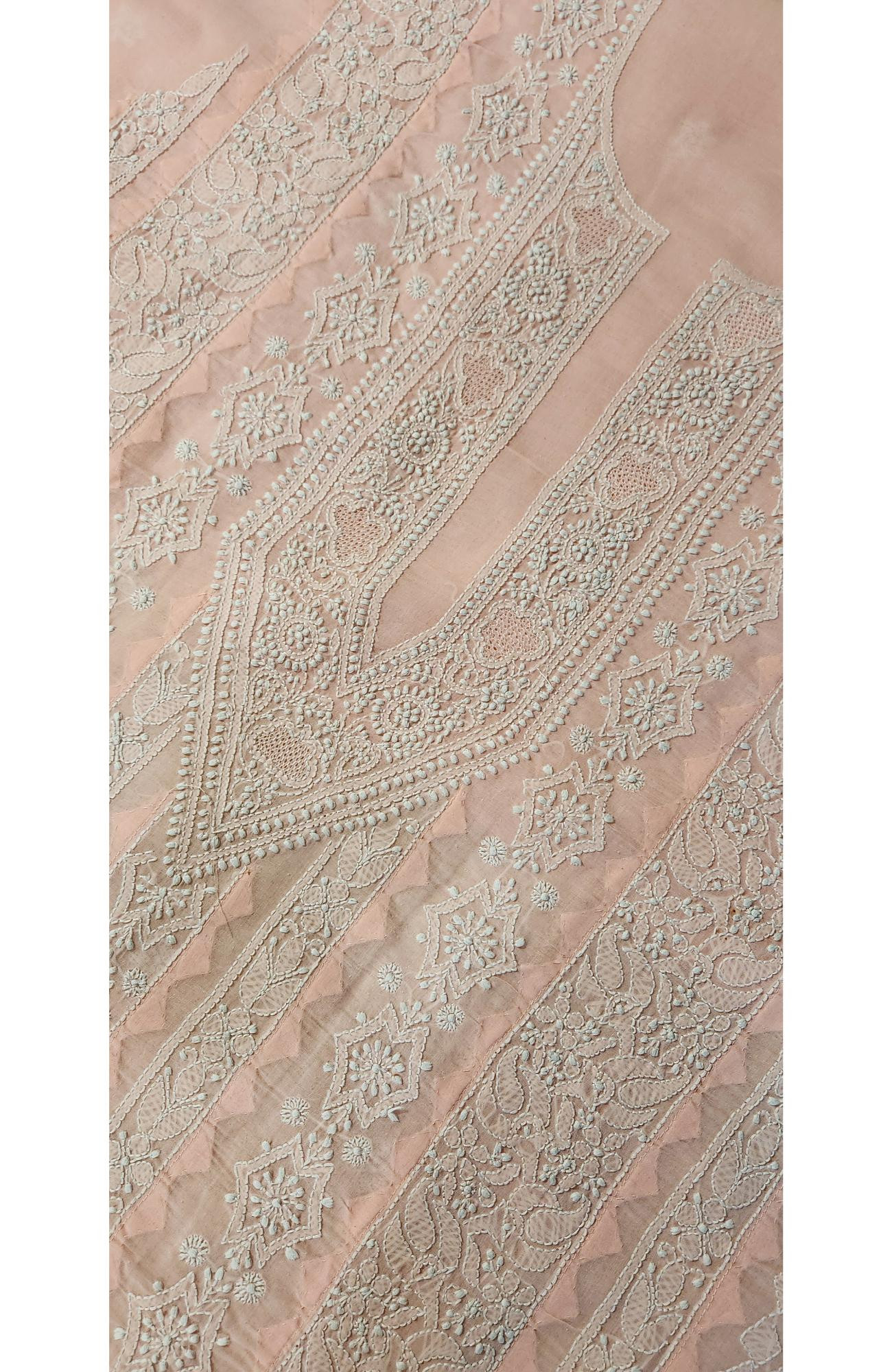 Chhangamal Hand-Embroidered Peach Cotton Chikankari Unstitched Kurta Fabric
