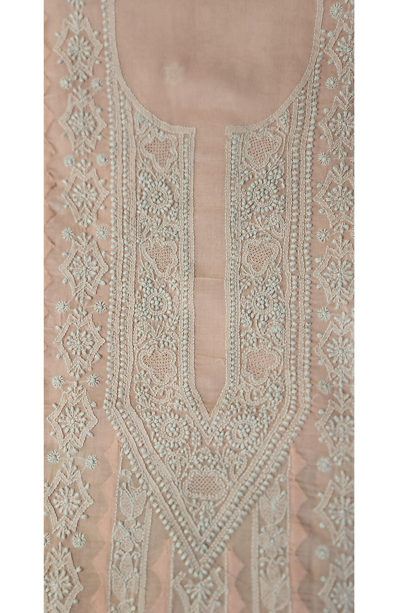 Chhangamal Hand-Embroidered Peach Cotton Chikankari Unstitched Kurta Fabric