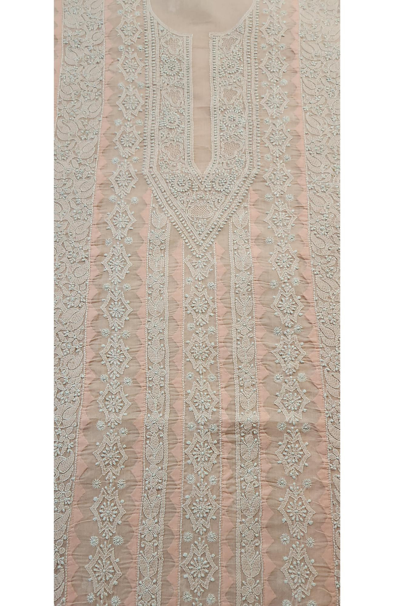 Chhangamal Hand-Embroidered Peach Cotton Chikankari Unstitched Kurta Fabric