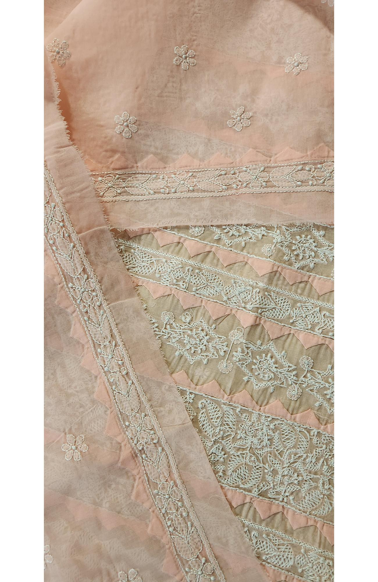 Chhangamal Hand-Embroidered Peach Cotton Chikankari Unstitched Kurta Fabric