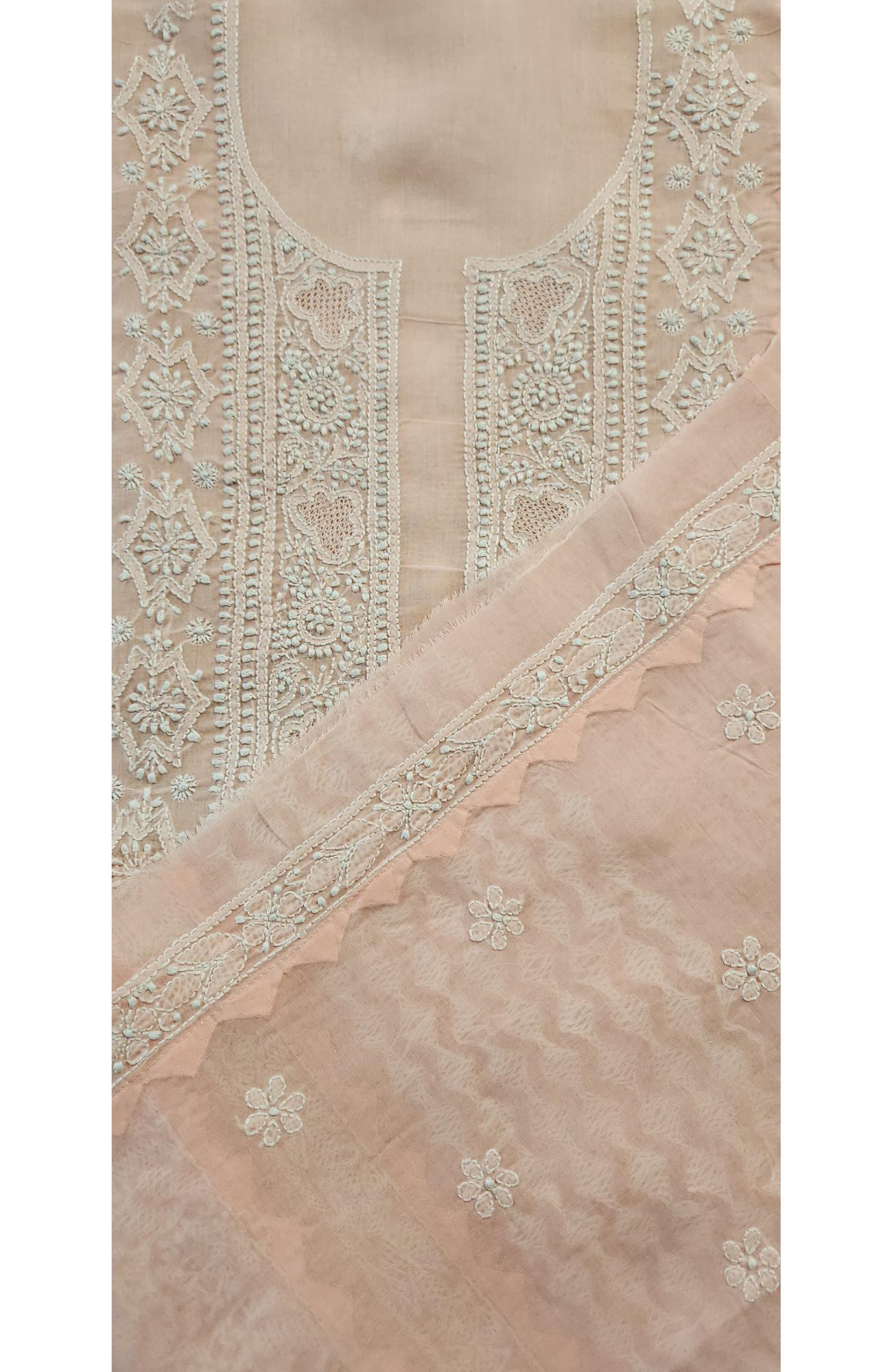 Chhangamal Hand-Embroidered Peach Cotton Chikankari Unstitched Kurta Fabric