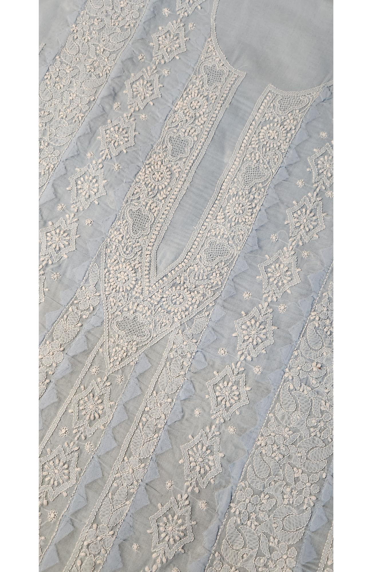 Chhangamal Hand-Embroidered Blue Cotton Chikankari Unstitched Kurta Fabric