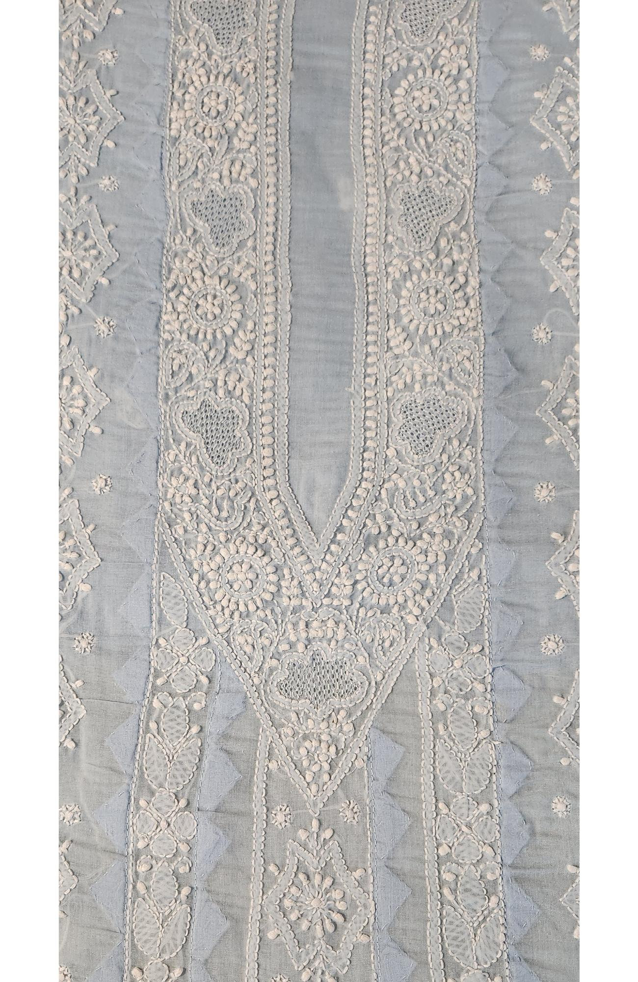 Chhangamal Hand-Embroidered Blue Cotton Chikankari Unstitched Kurta Fabric