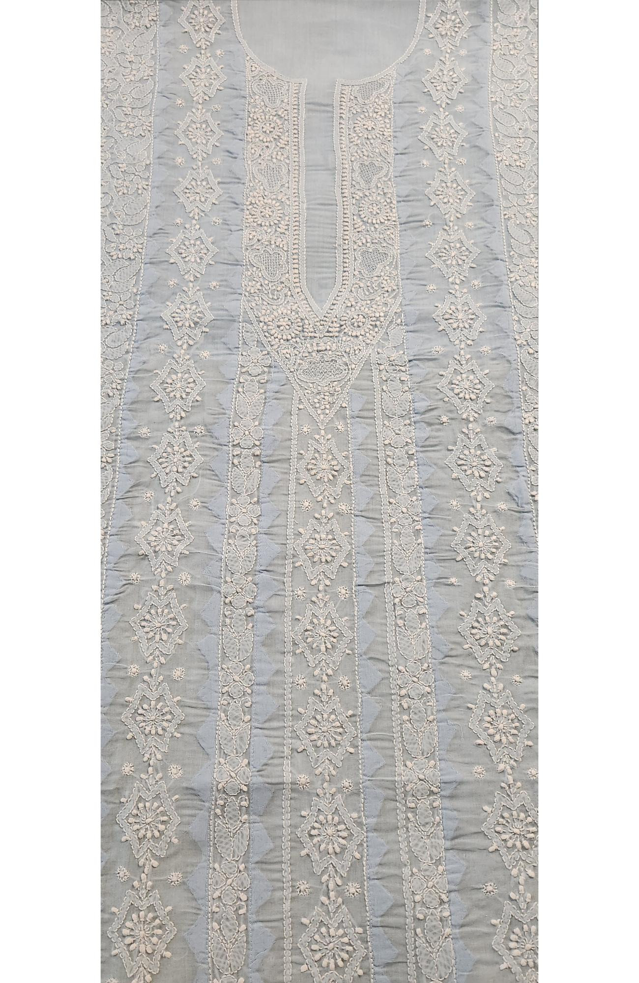 Chhangamal Hand-Embroidered Blue Cotton Chikankari Unstitched Kurta Fabric