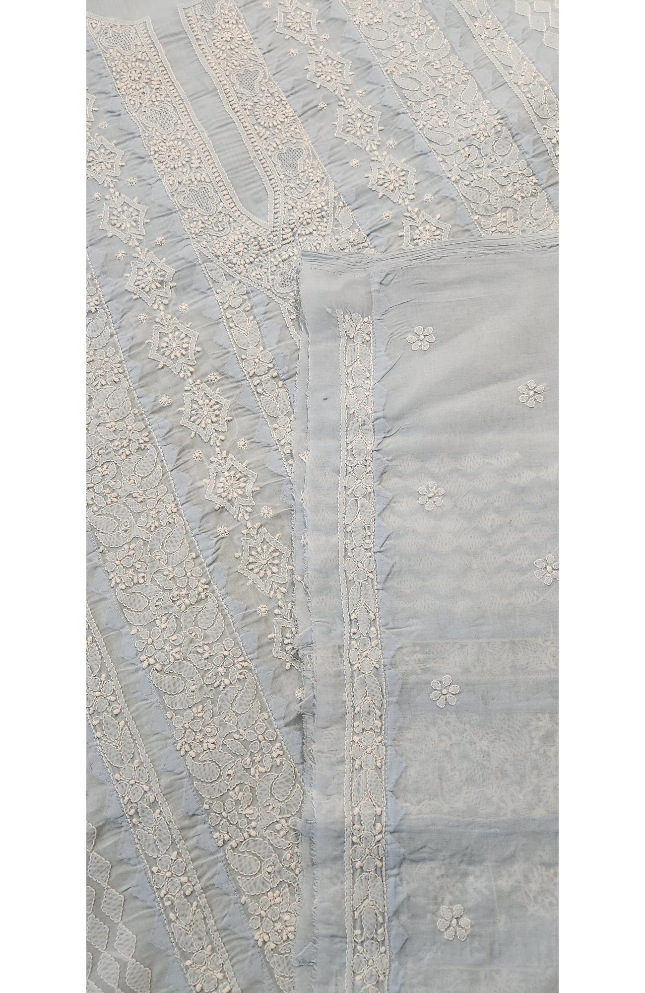 Chhangamal Hand-Embroidered Blue Cotton Chikankari Unstitched Kurta Fabric