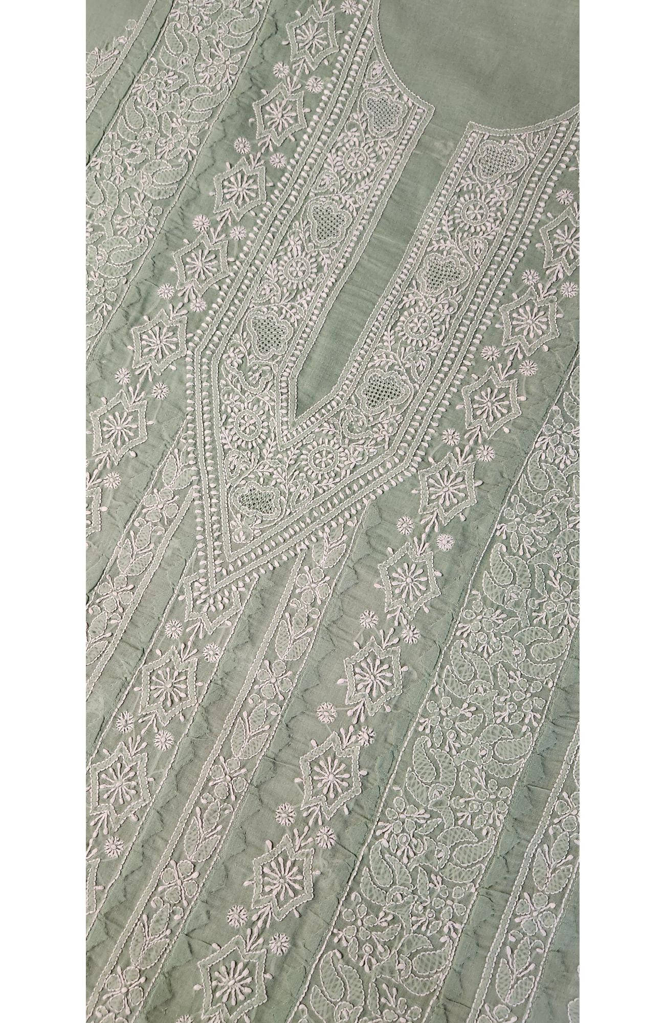 Chhangamal Hand-Embroidered Green Cotton Chikankari Unstitched Kurta Fabric