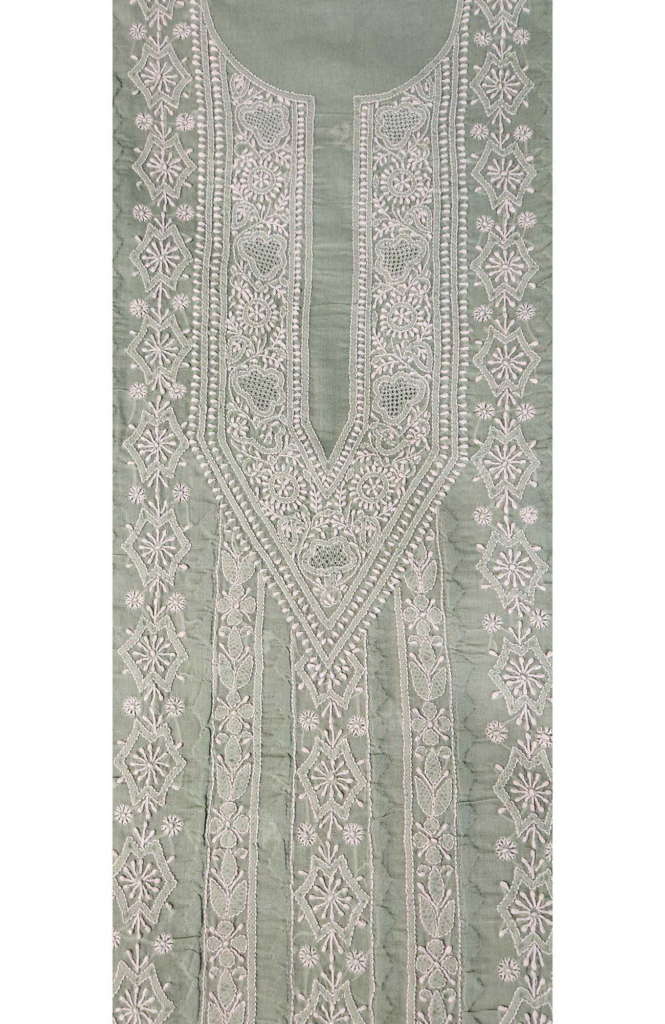 Chhangamal Hand-Embroidered Green Cotton Chikankari Unstitched Kurta Fabric