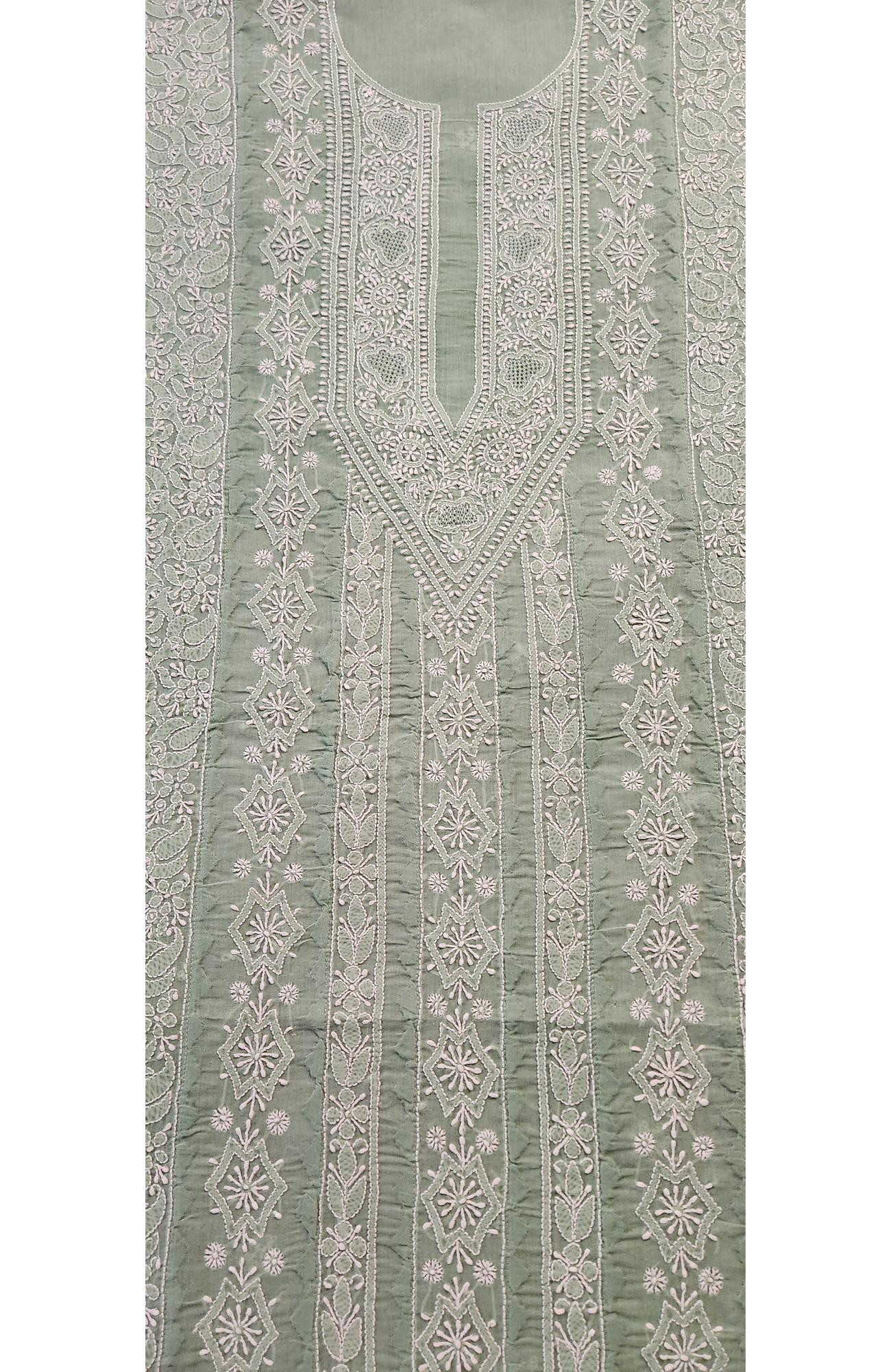Chhangamal Hand-Embroidered Green Cotton Chikankari Unstitched Kurta Fabric