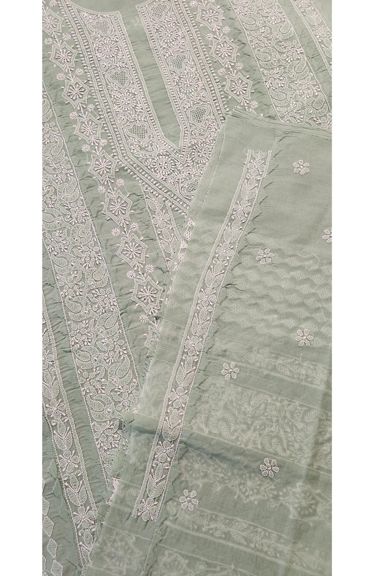 Chhangamal Hand-Embroidered Green Cotton Chikankari Unstitched Kurta Fabric