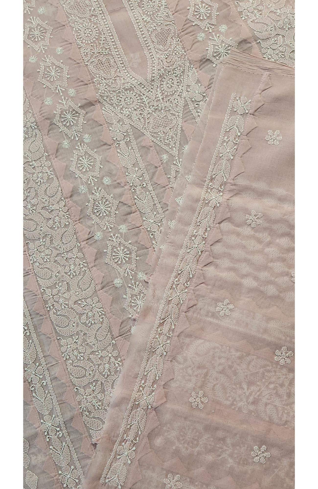 Chhangamal Hand-Embroidered Pink Cotton Chikankari Unstitched Kurta Fabric