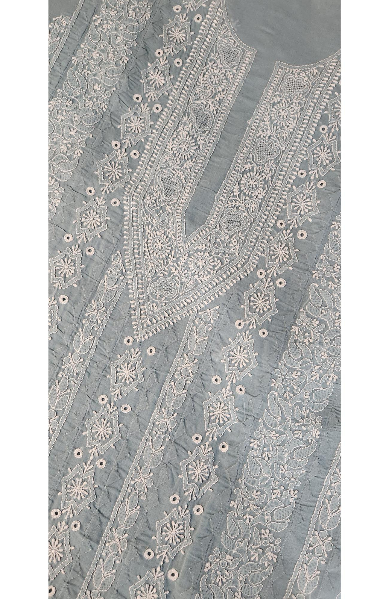 Chhangamal Hand-Embroidered Grey Cotton Chikankari Unstitched Kurta Fabric