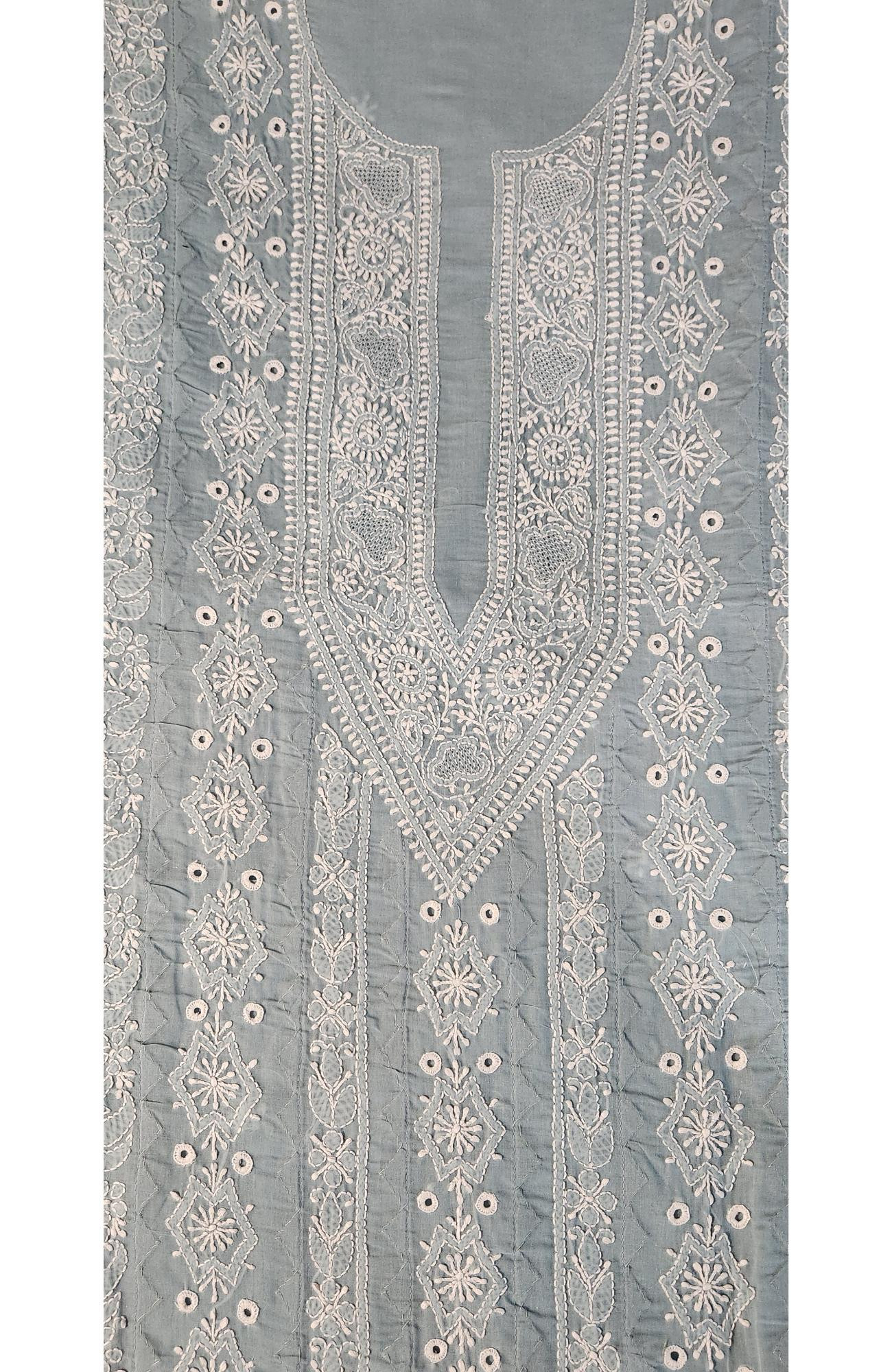 Chhangamal Hand-Embroidered Grey Cotton Chikankari Unstitched Kurta Fabric