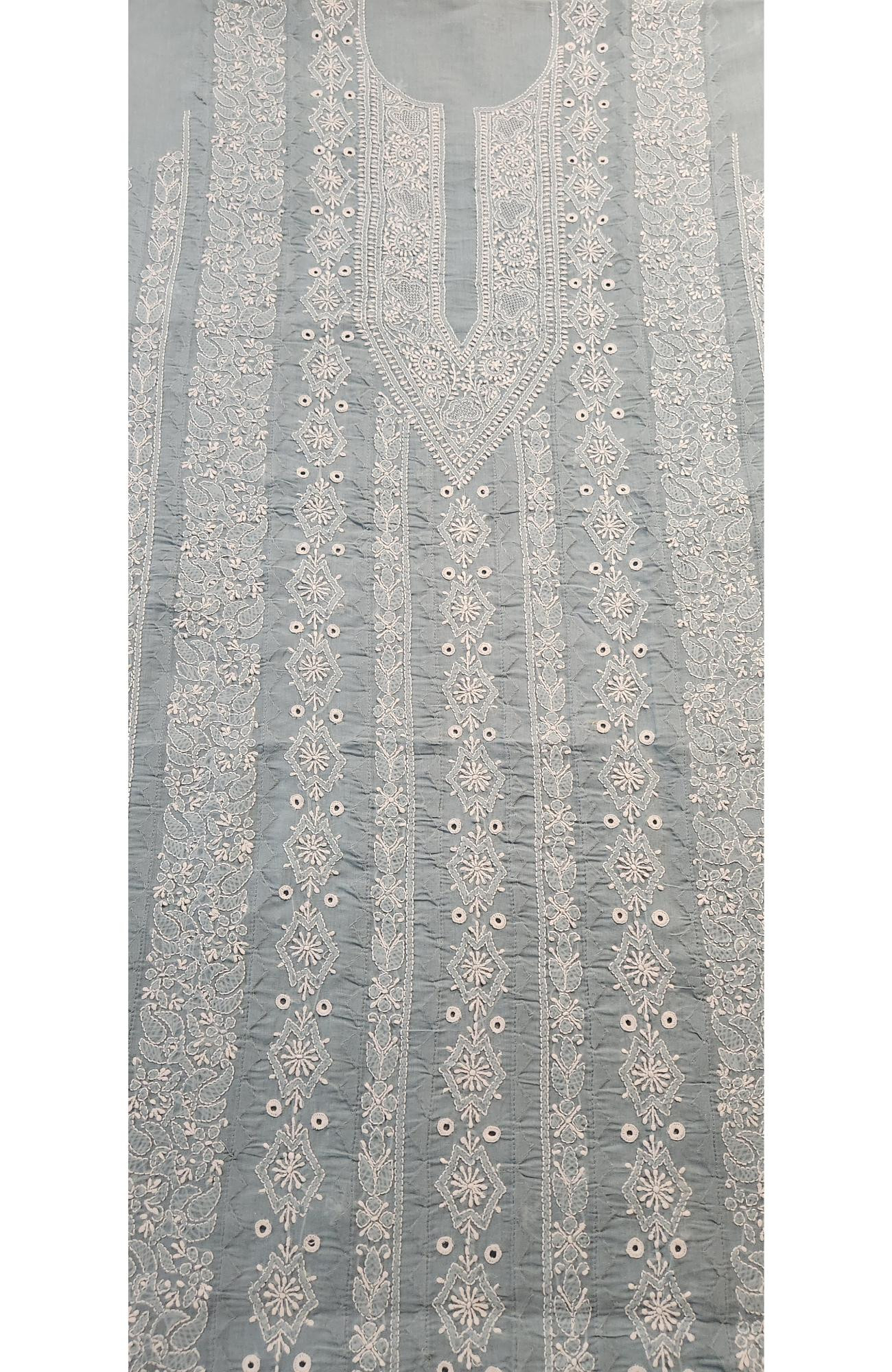 Chhangamal Hand-Embroidered Grey Cotton Chikankari Unstitched Kurta Fabric