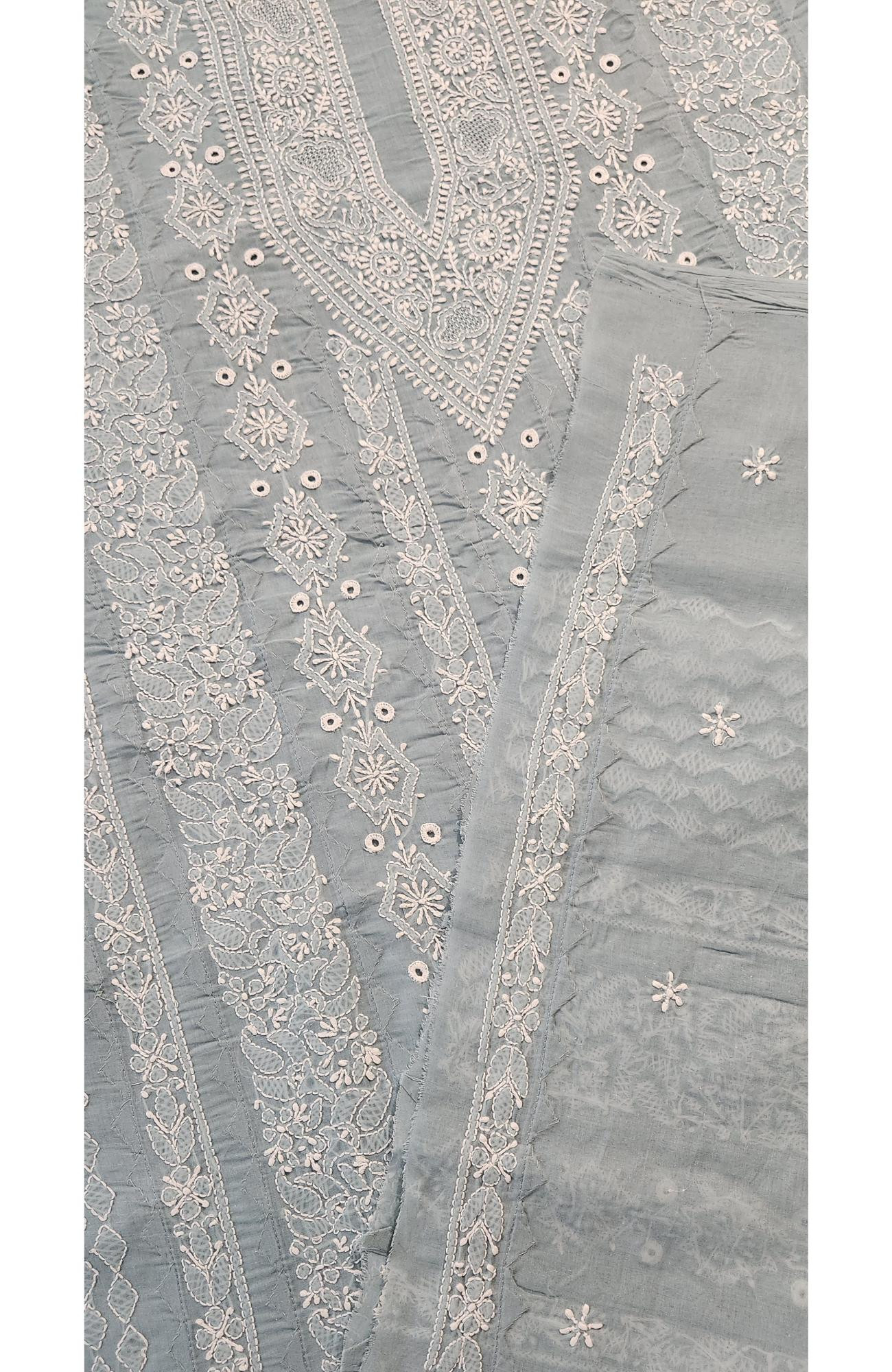 Chhangamal Hand-Embroidered Grey Cotton Chikankari Unstitched Kurta Fabric