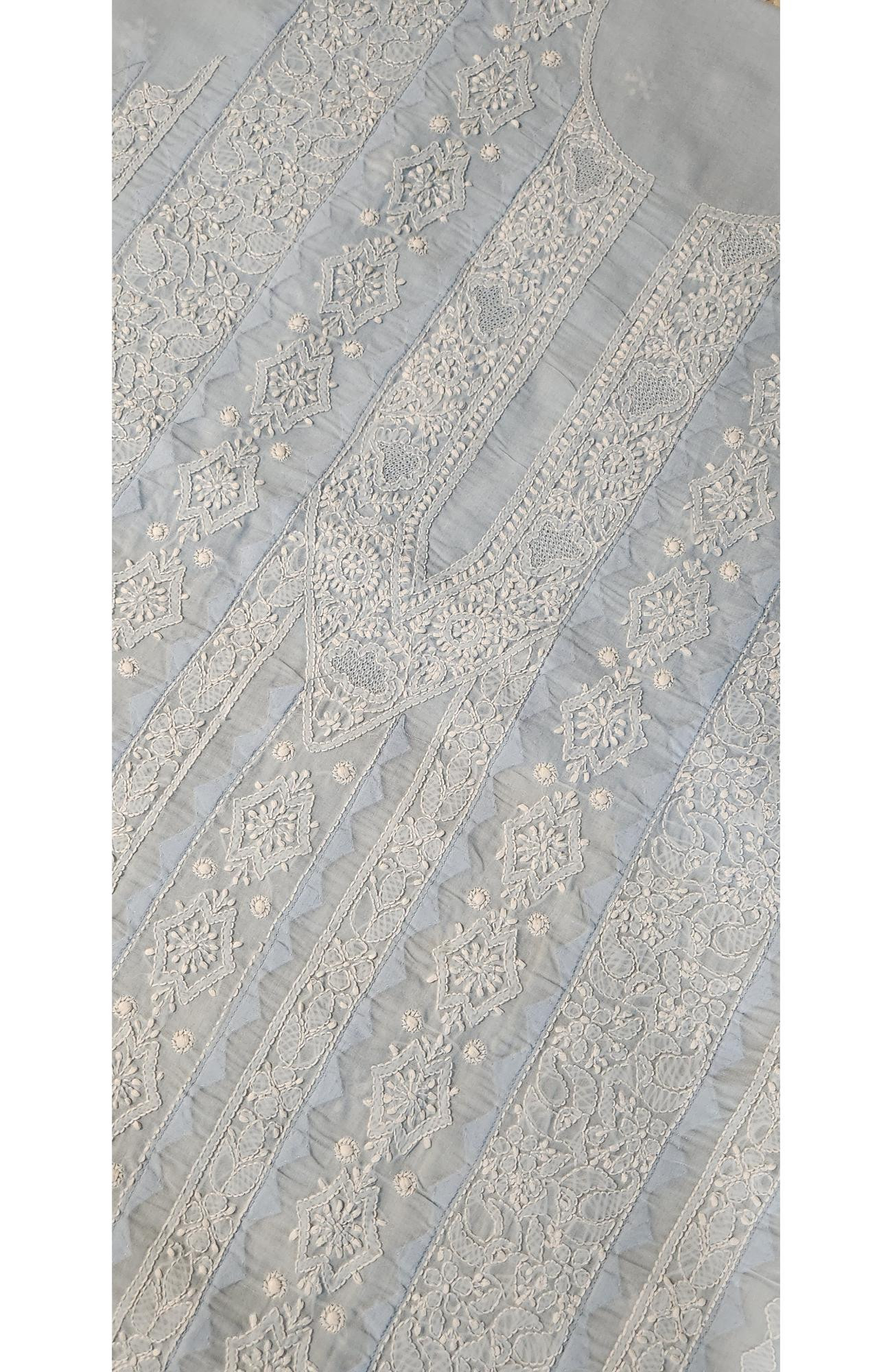 Chhangamal Hand-Embroidered Blue Cotton Chikankari Unstitched Kurta Fabric