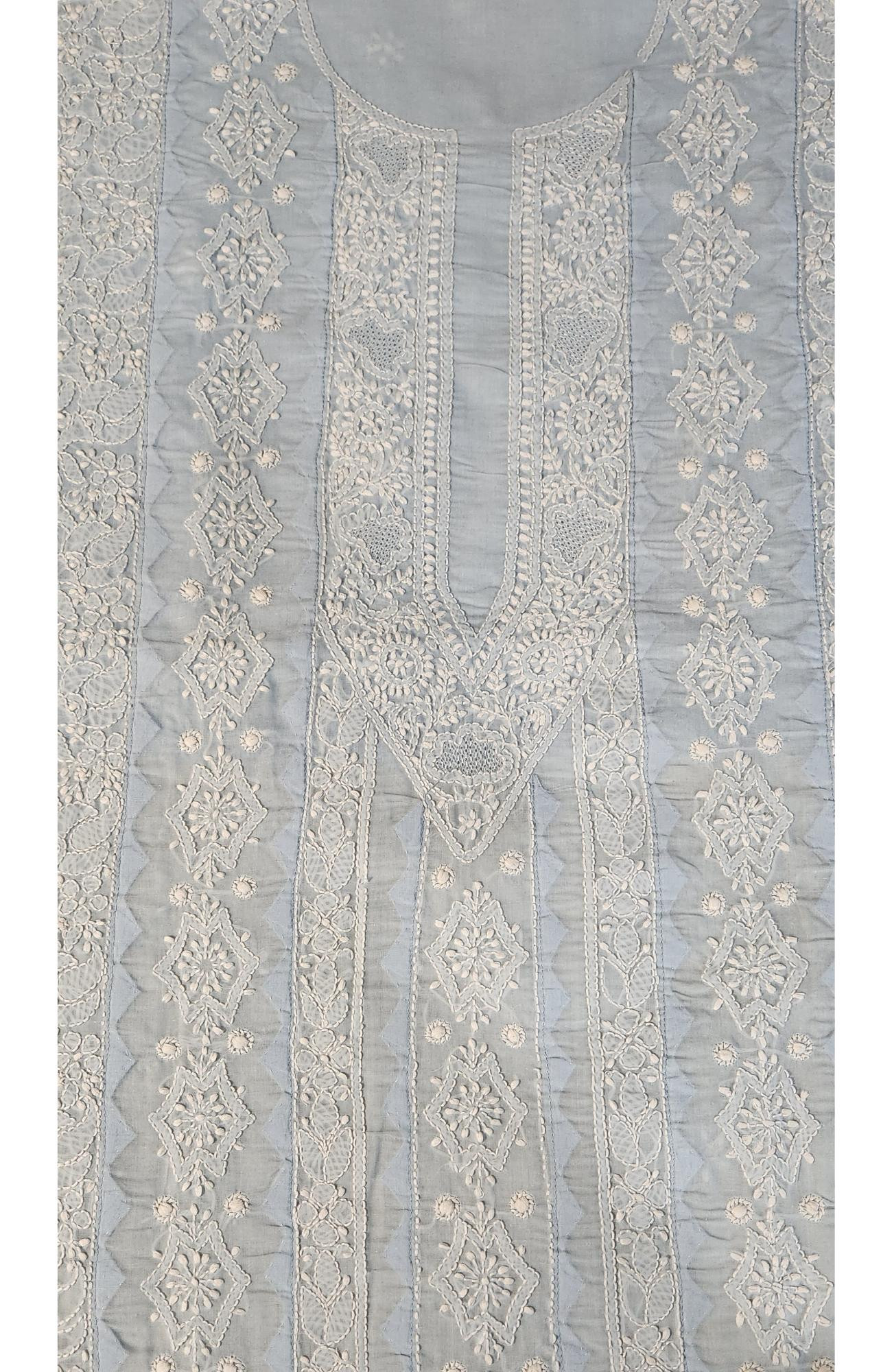 Chhangamal Hand-Embroidered Blue Cotton Chikankari Unstitched Kurta Fabric
