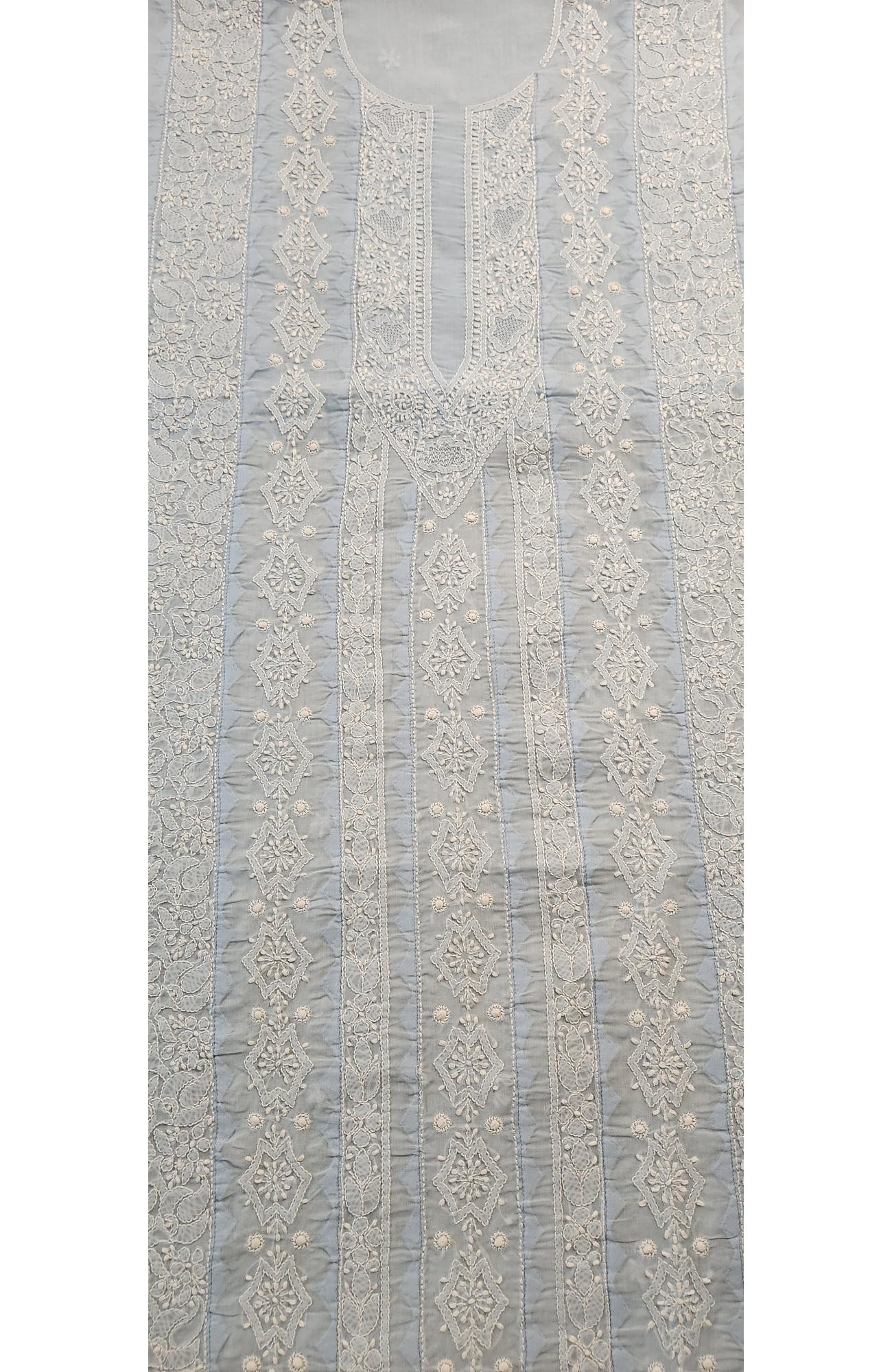 Chhangamal Hand-Embroidered Blue Cotton Chikankari Unstitched Kurta Fabric