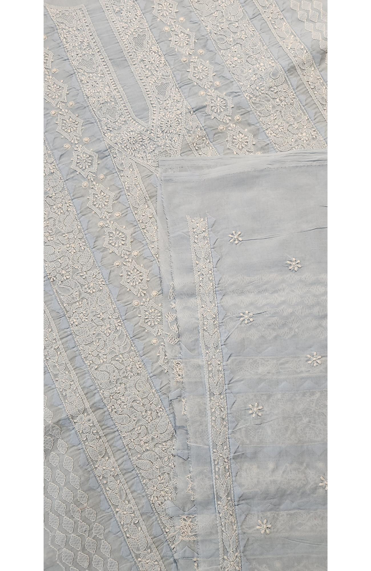 Chhangamal Hand-Embroidered Blue Cotton Chikankari Unstitched Kurta Fabric