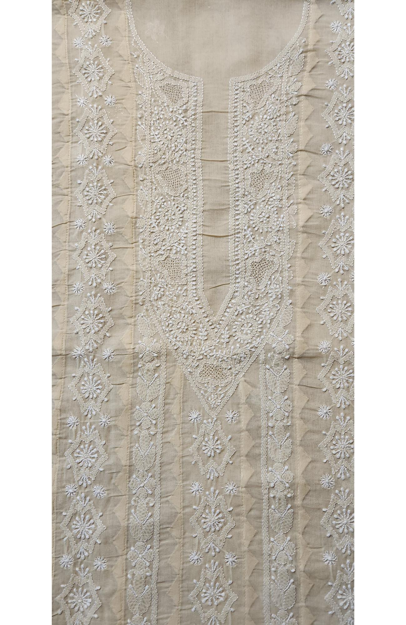 Chhangamal Hand-Embroidered Light Peach Cotton Chikankari Unstitched Kurta Fabric