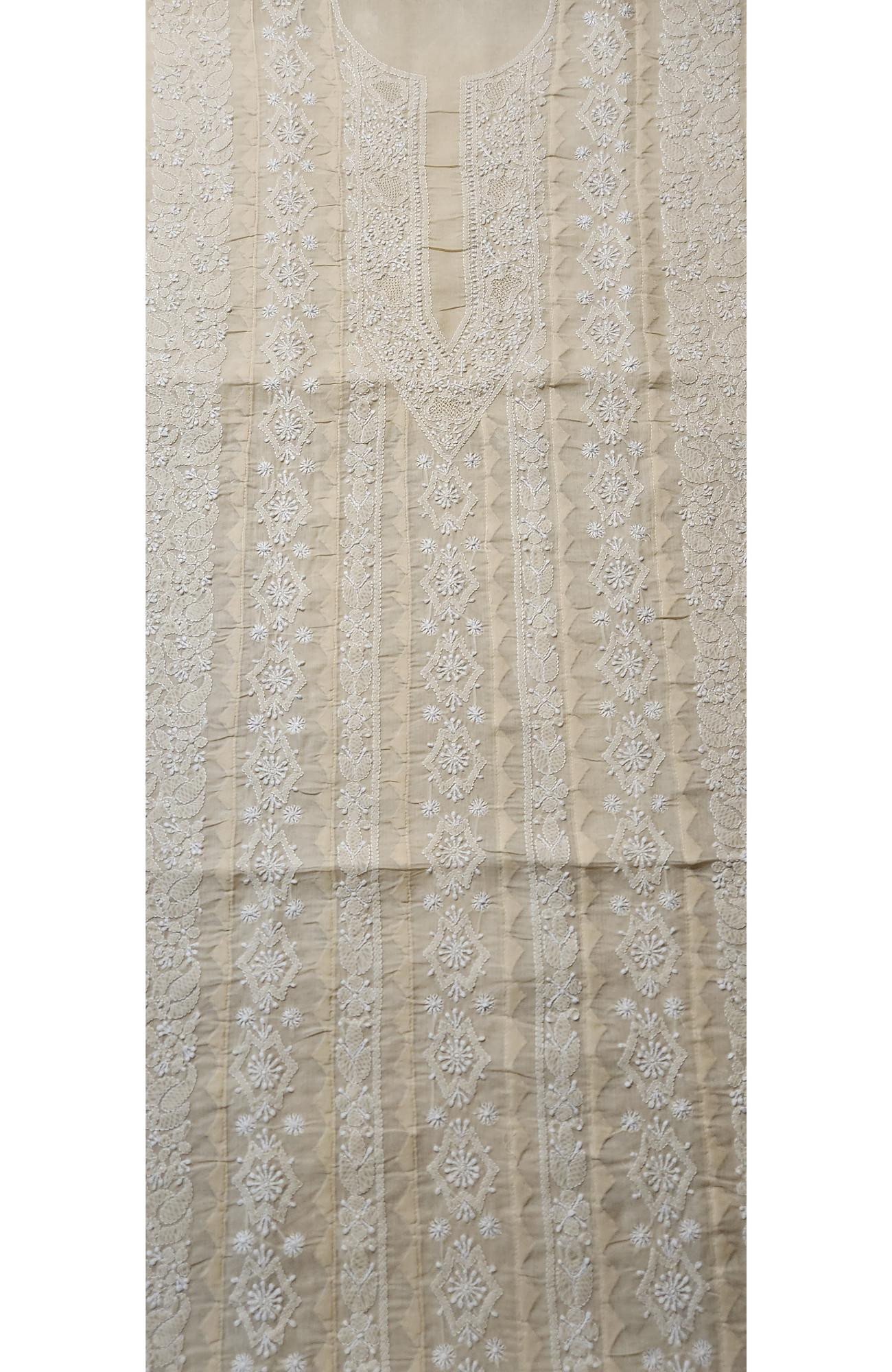 Chhangamal Hand-Embroidered Light Peach Cotton Chikankari Unstitched Kurta Fabric