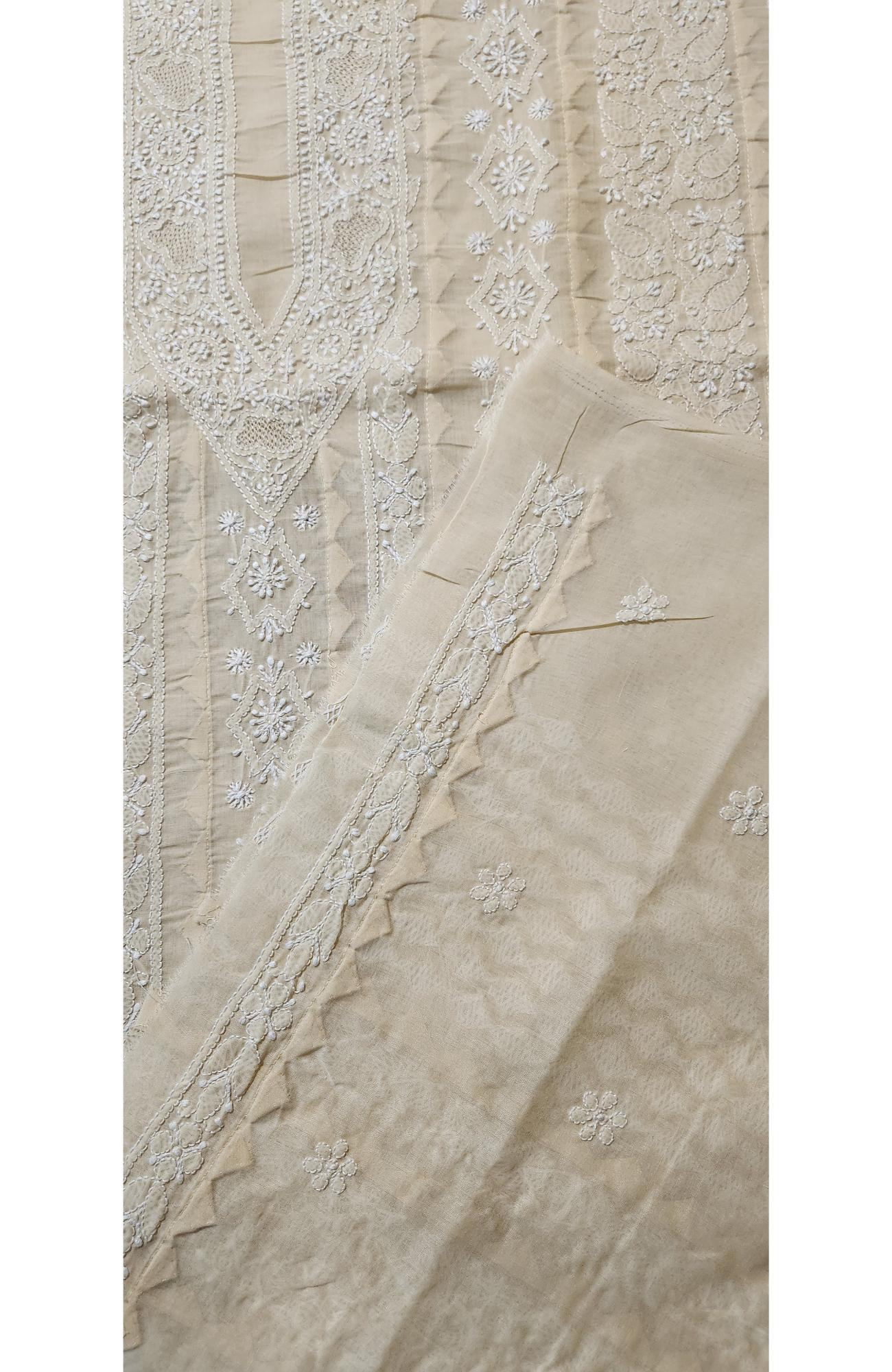 Chhangamal Hand-Embroidered Light Peach Cotton Chikankari Unstitched Kurta Fabric