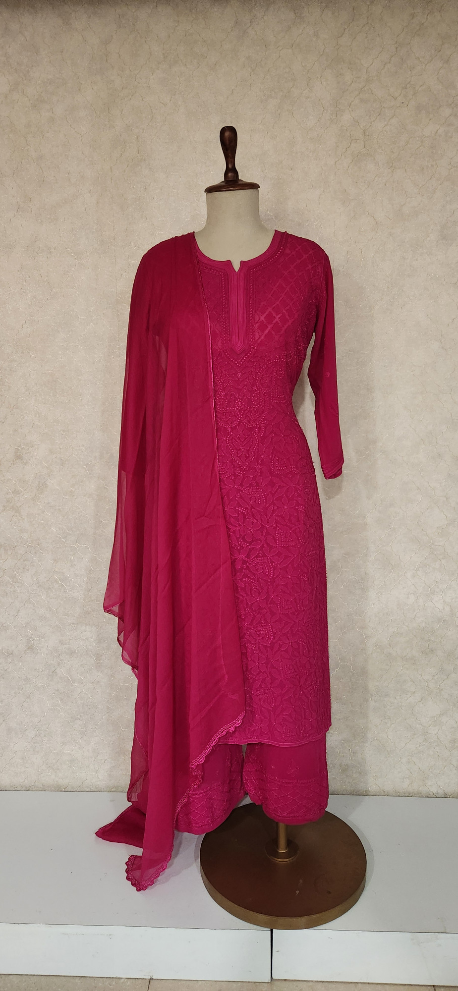 Chhangamal Hand-Embroidered Magenta Pure Georgette Chikankari Stitched Suit Set